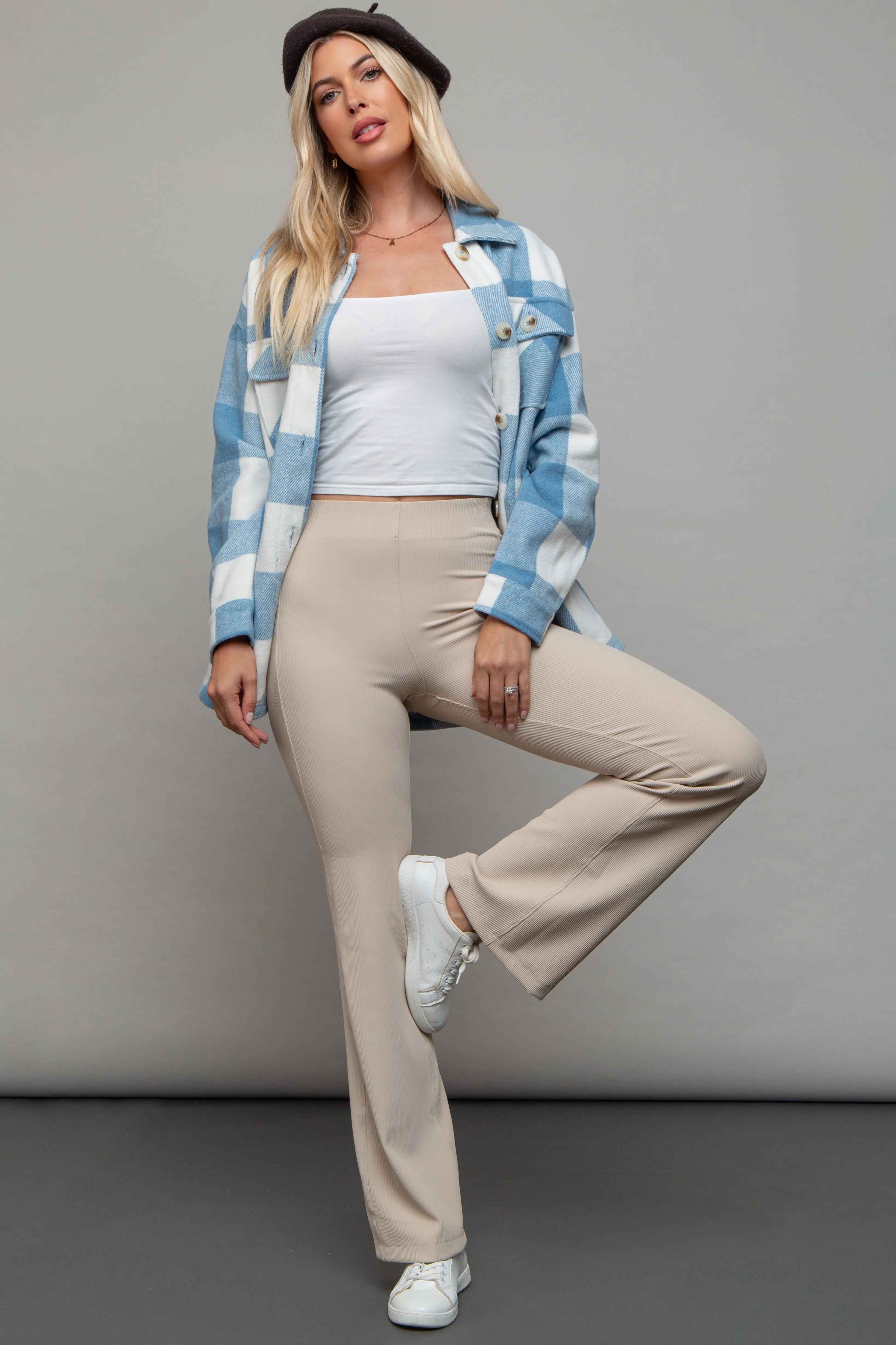 Cream Ribbed Flared Leggings sold by Pinkblush product image thumbnail 4