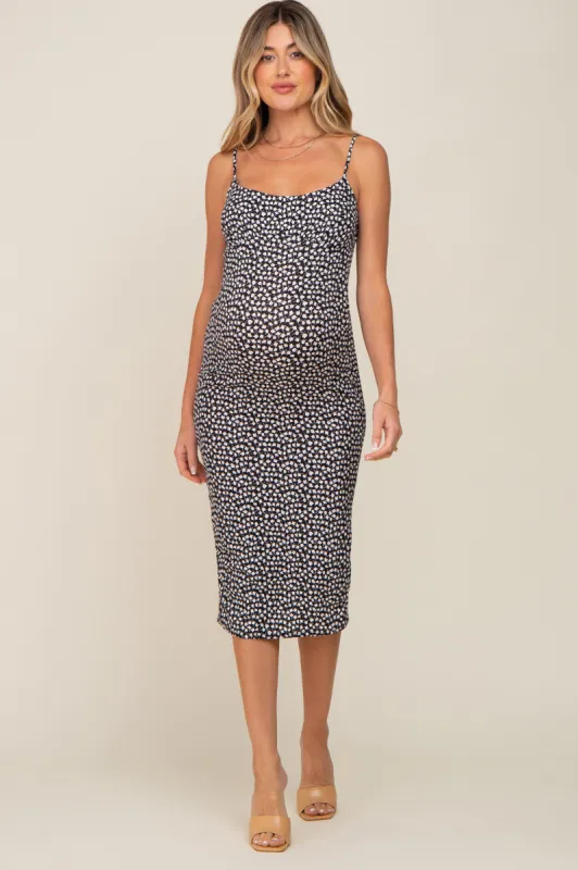 Black Printed Ribbed Sleeveless Maternity Midi Dress sold by Pinkblush