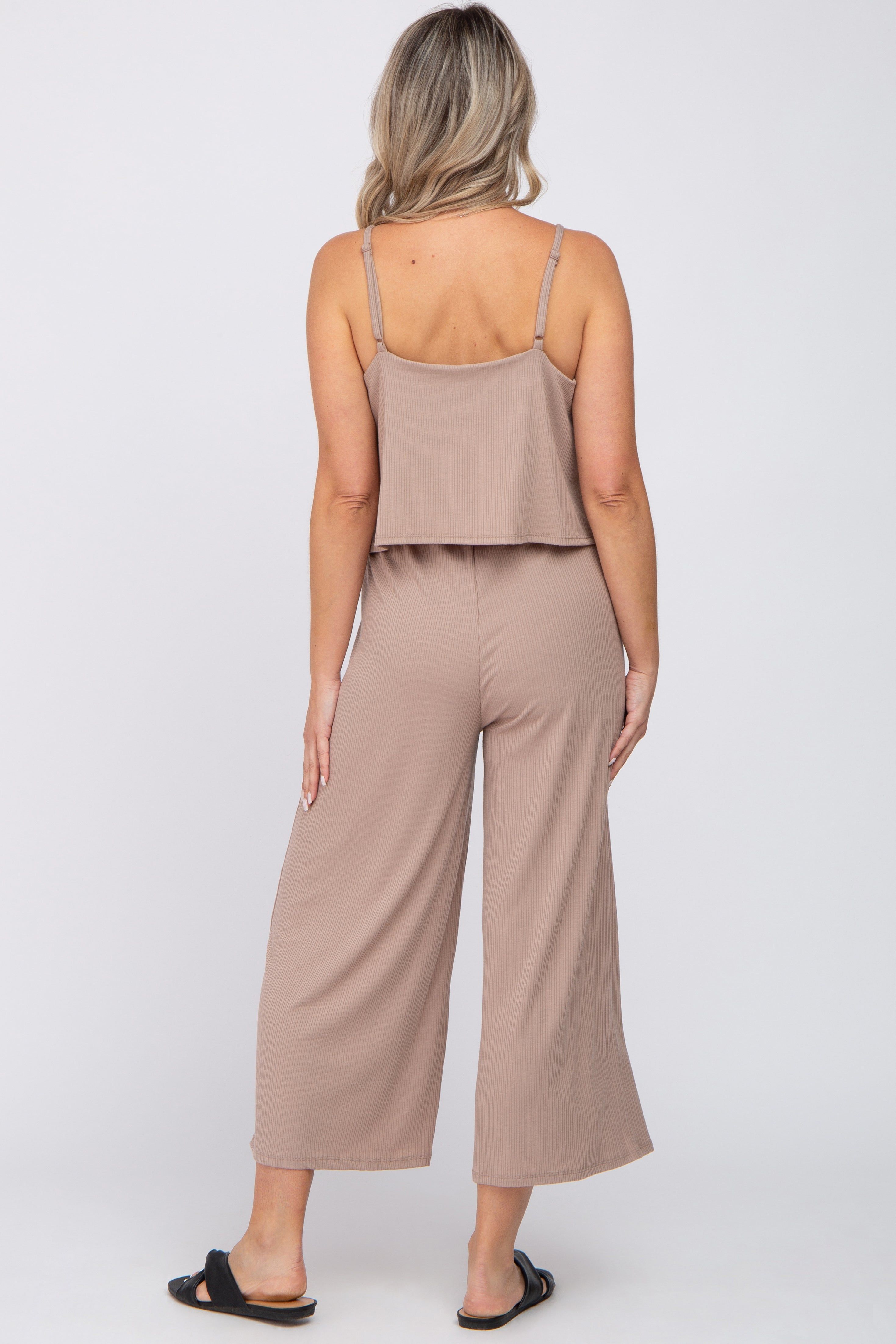 Taupe Ribbed Double Layer Cropped Maternity Jumpsuit sold by Pinkblush product image thumbnail 3