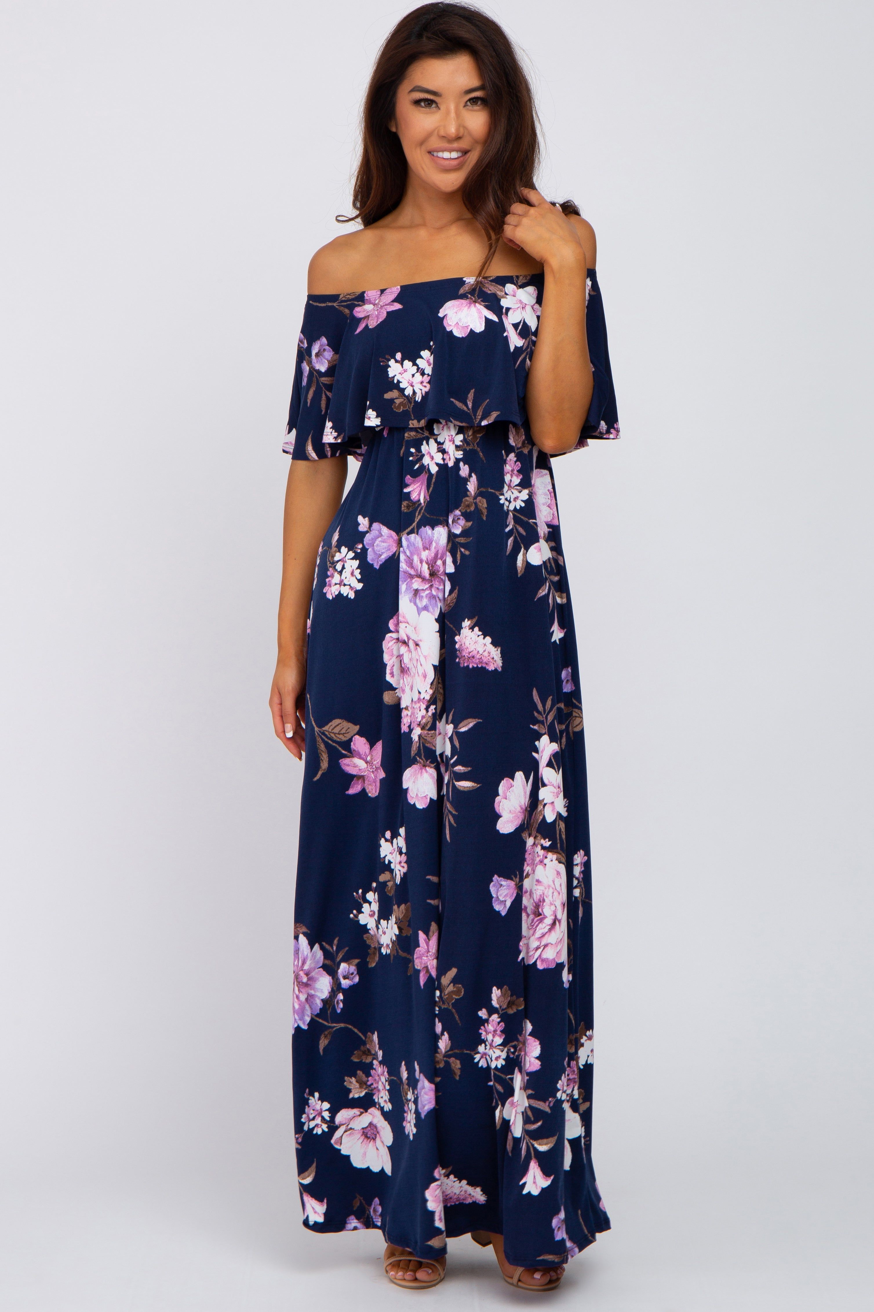 Navy Blue Floral Off Shoulder Maternity Maxi Dress sold by Pinkblush product image thumbnail 4