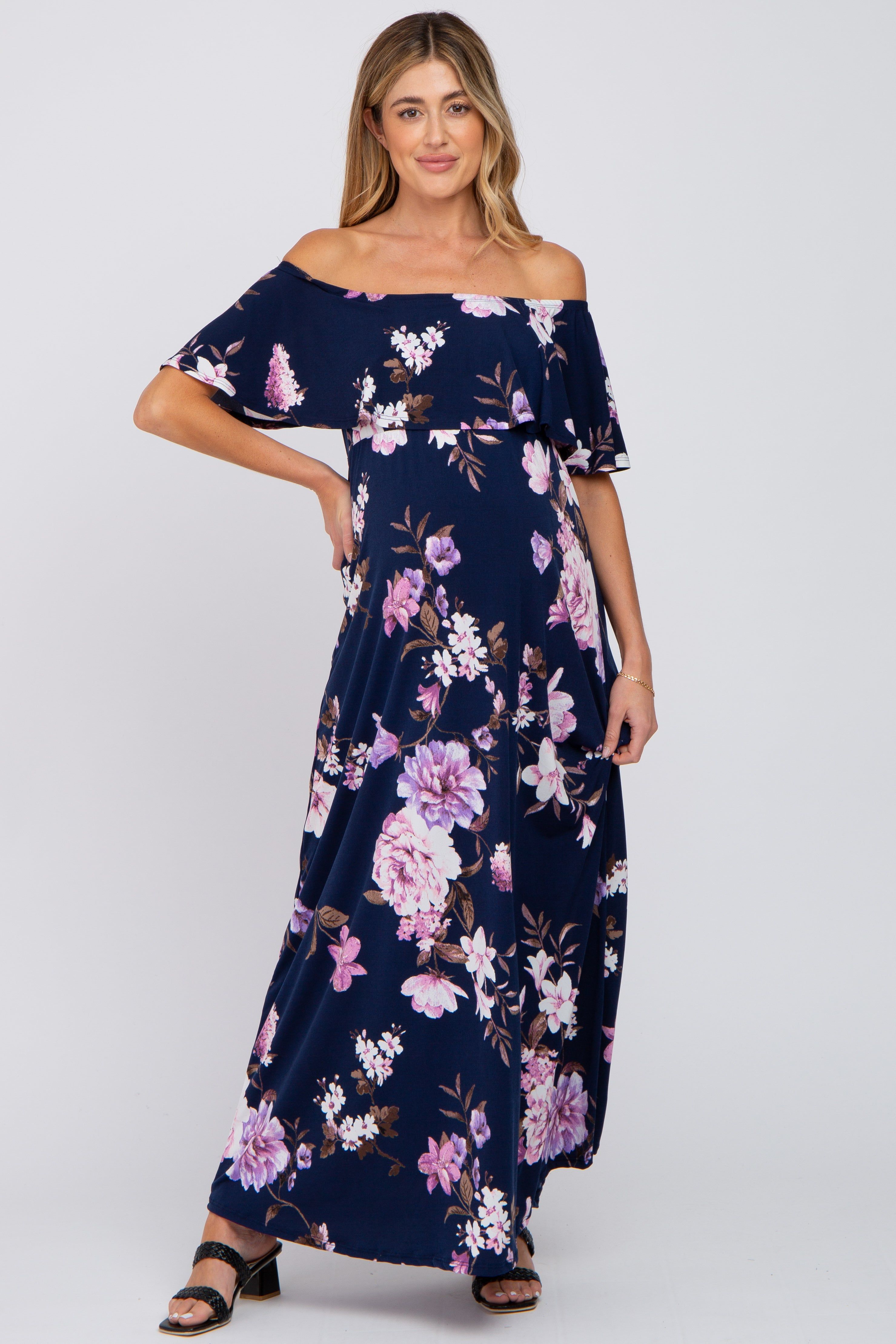 Navy Blue Floral Off Shoulder Maternity Maxi Dress sold by Pinkblush