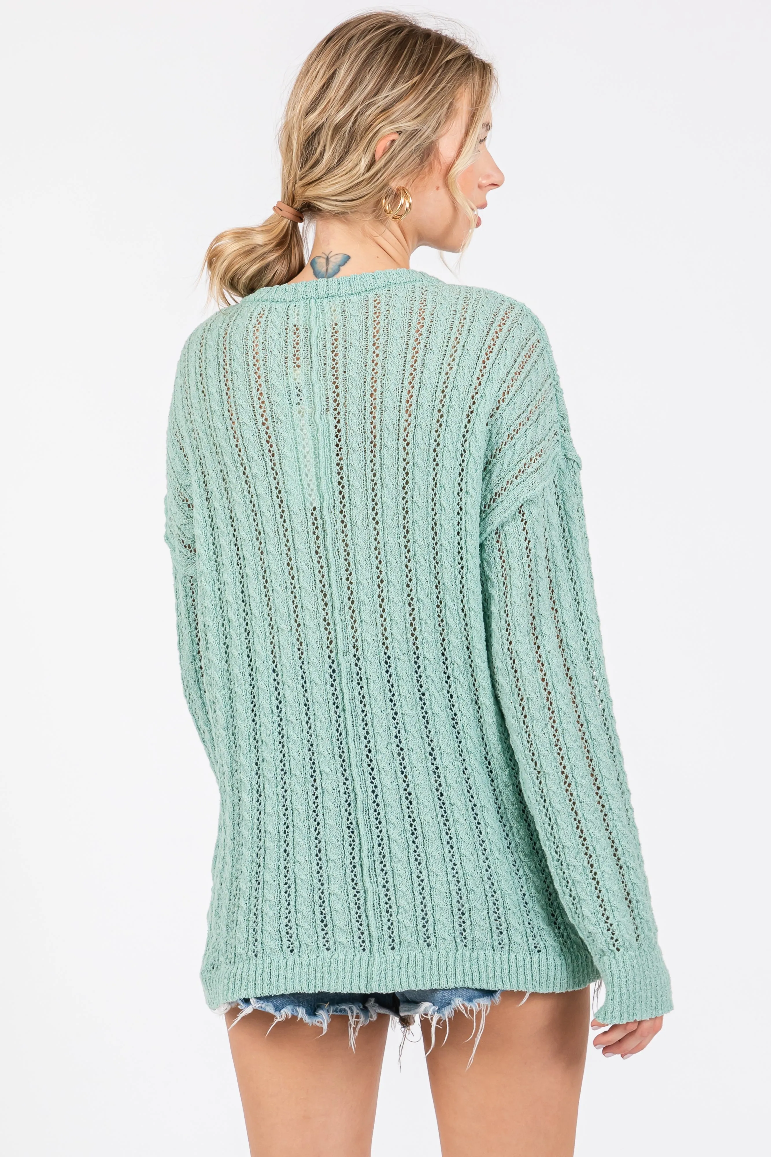 Mint Green Open Knit Front Button Sweater sold by Pinkblush product image thumbnail 3