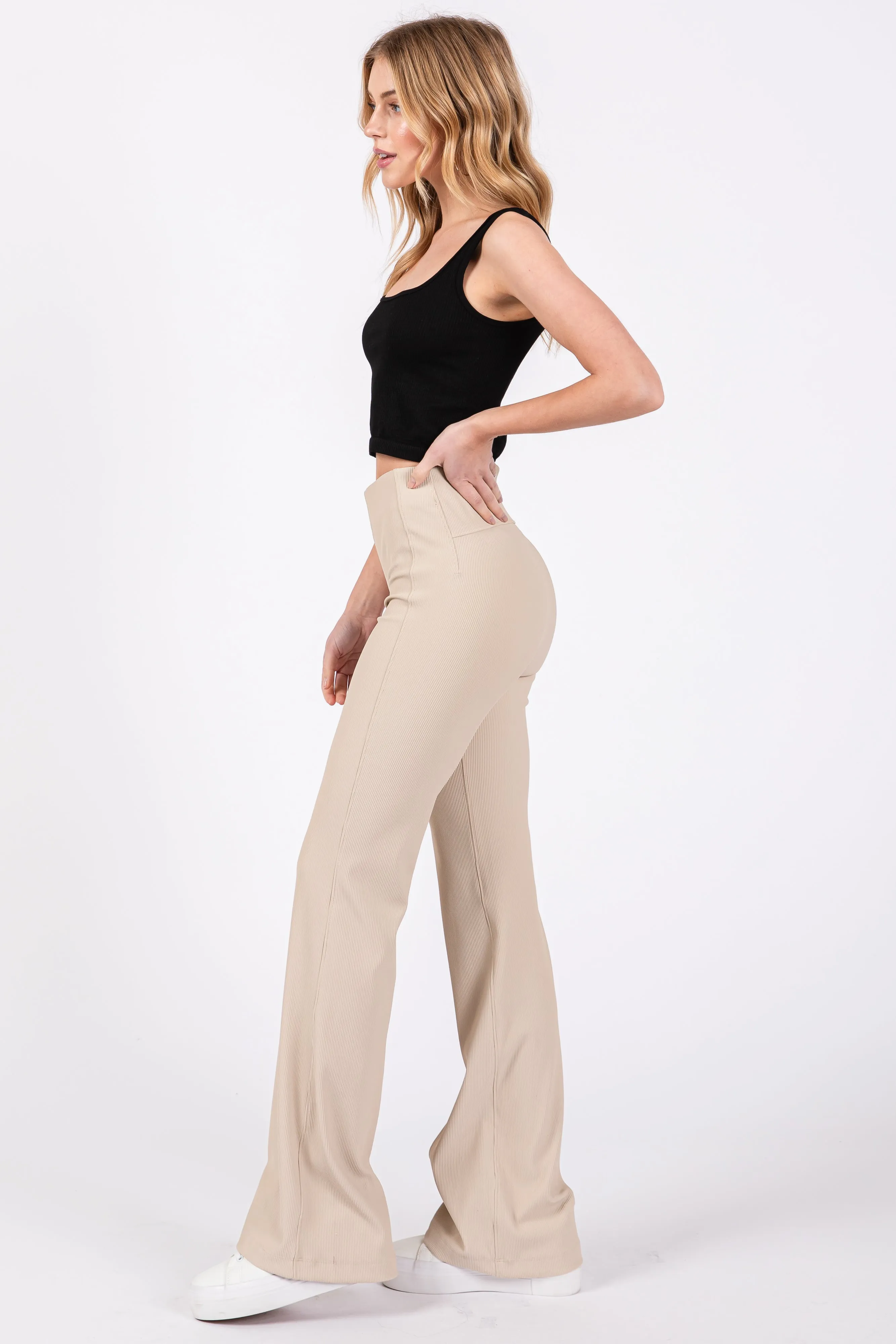 Cream Ribbed Flared Leggings sold by Pinkblush product image thumbnail 2