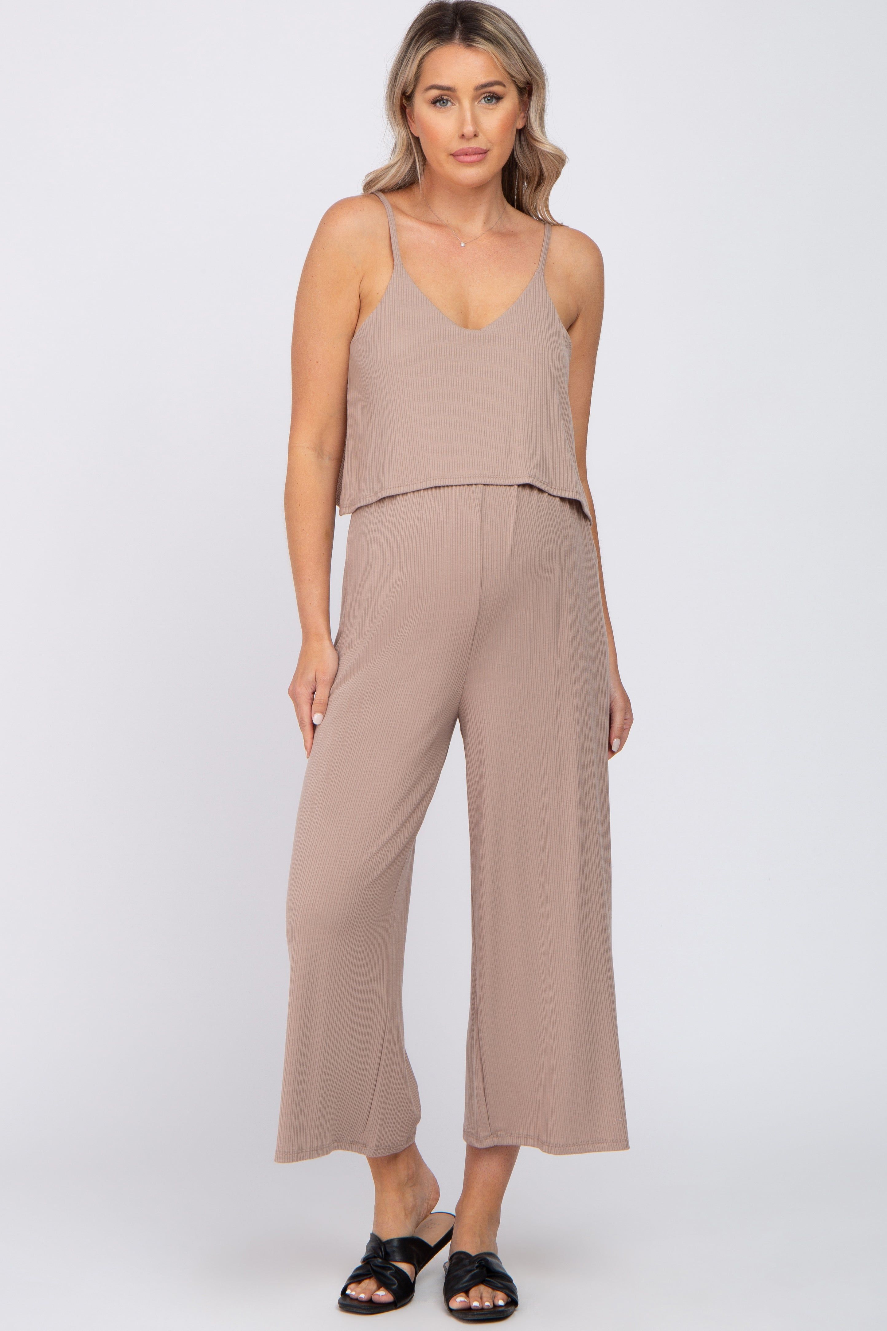 Taupe Ribbed Double Layer Cropped Maternity Jumpsuit sold by Pinkblush