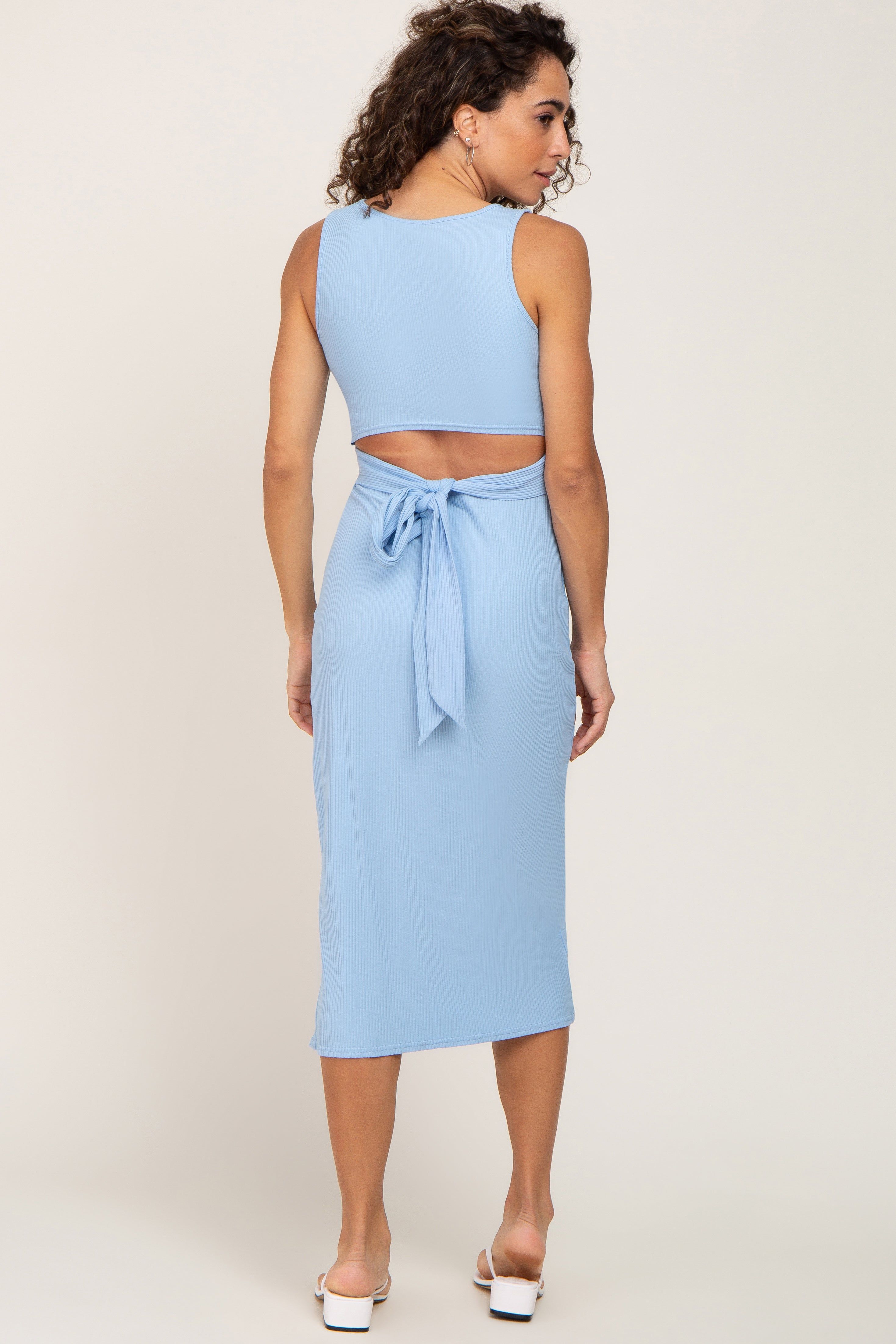 Light Blue Ribbed Back Cutout Midi Dress sold by Pinkblush product image thumbnail 3