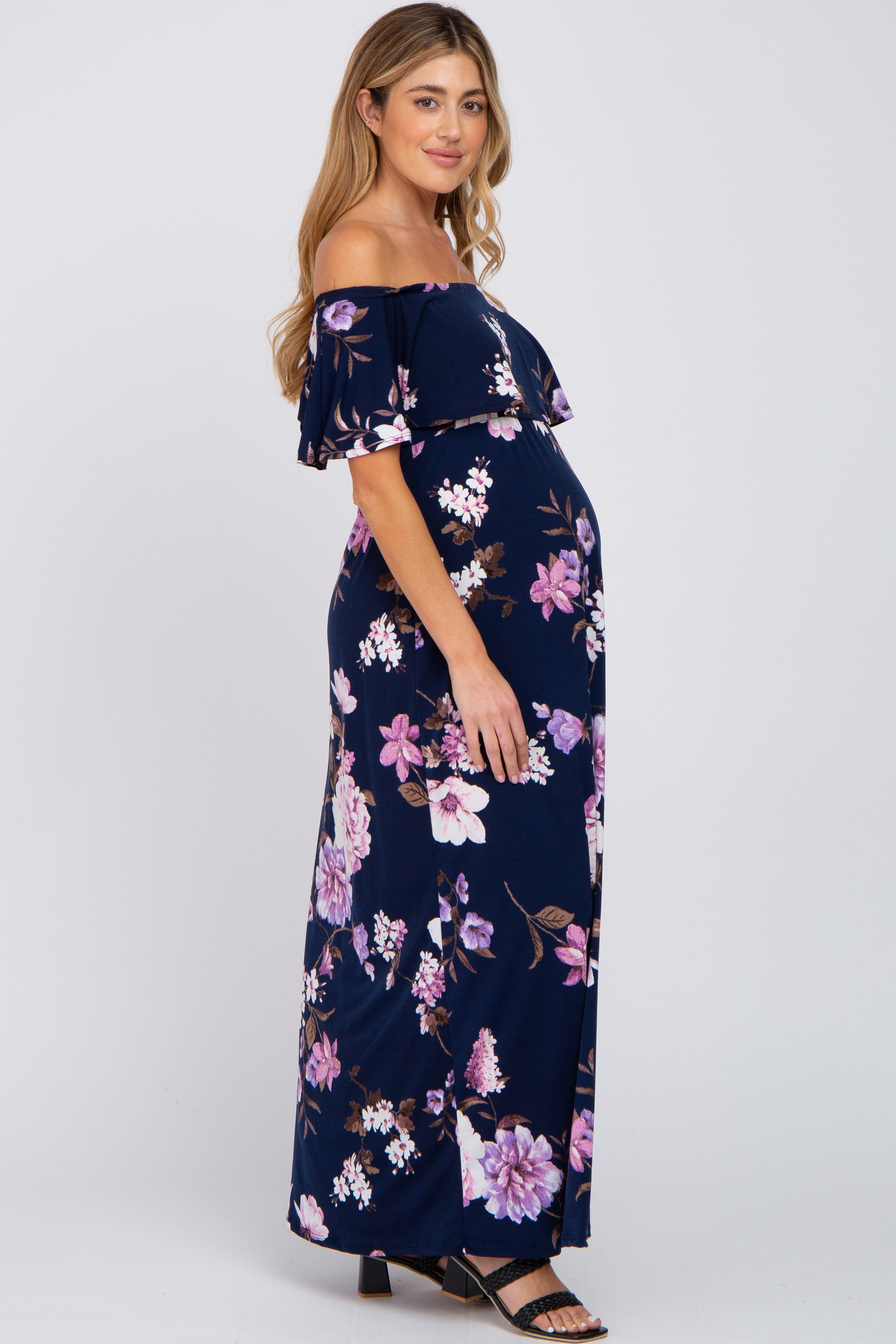 Navy Blue Floral Off Shoulder Maternity Maxi Dress sold by Pinkblush product image thumbnail 2