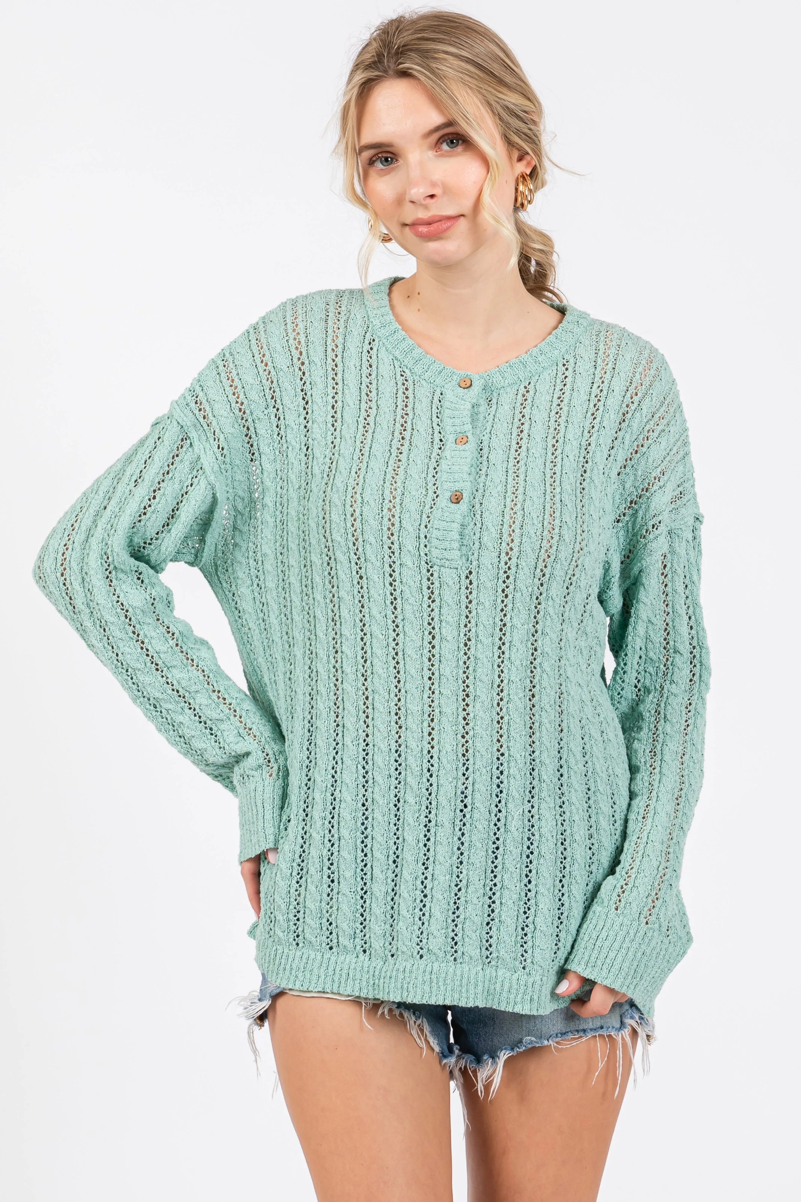 Mint Green Open Knit Front Button Sweater sold by Pinkblush