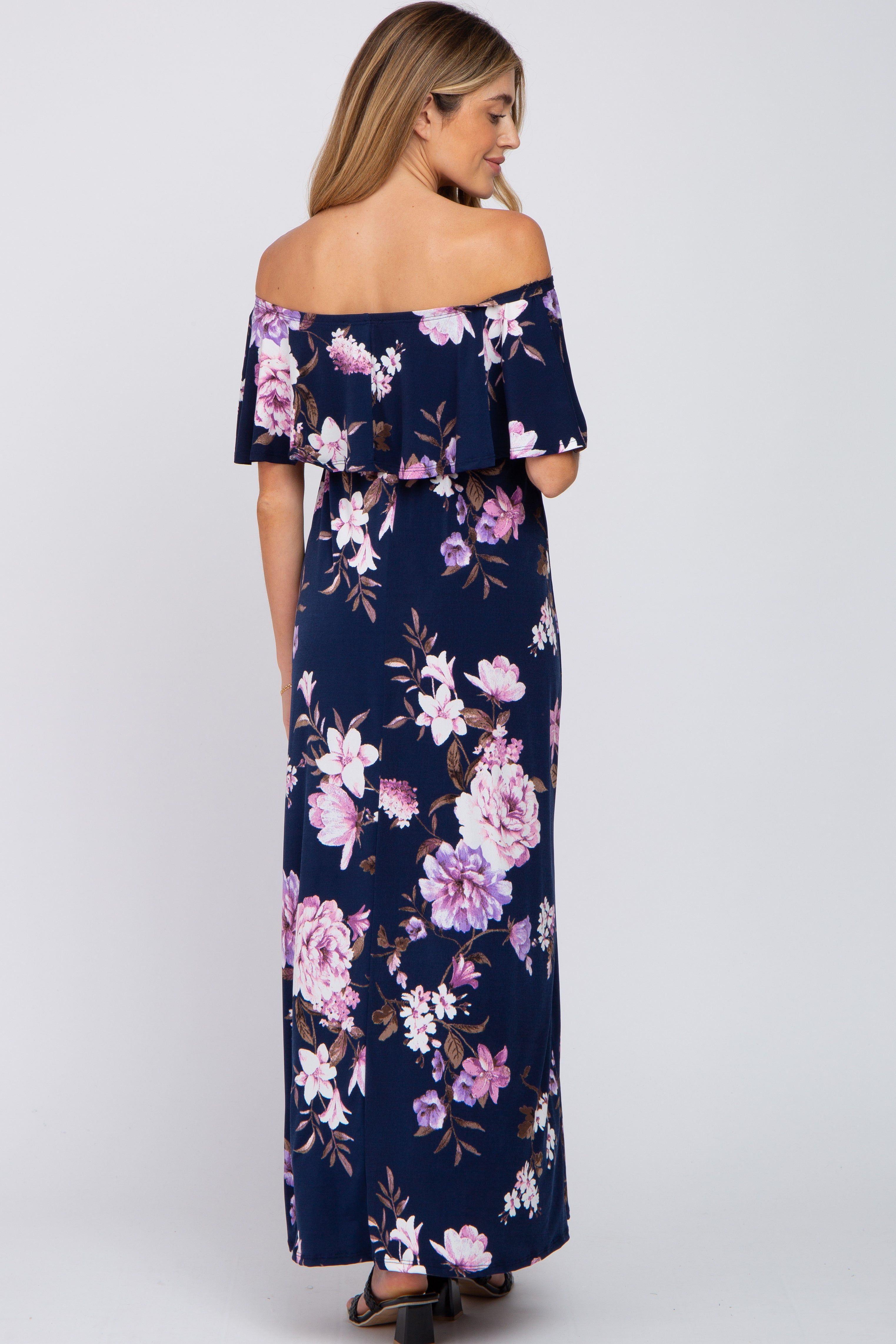 Navy Blue Floral Off Shoulder Maternity Maxi Dress sold by Pinkblush product image thumbnail 3