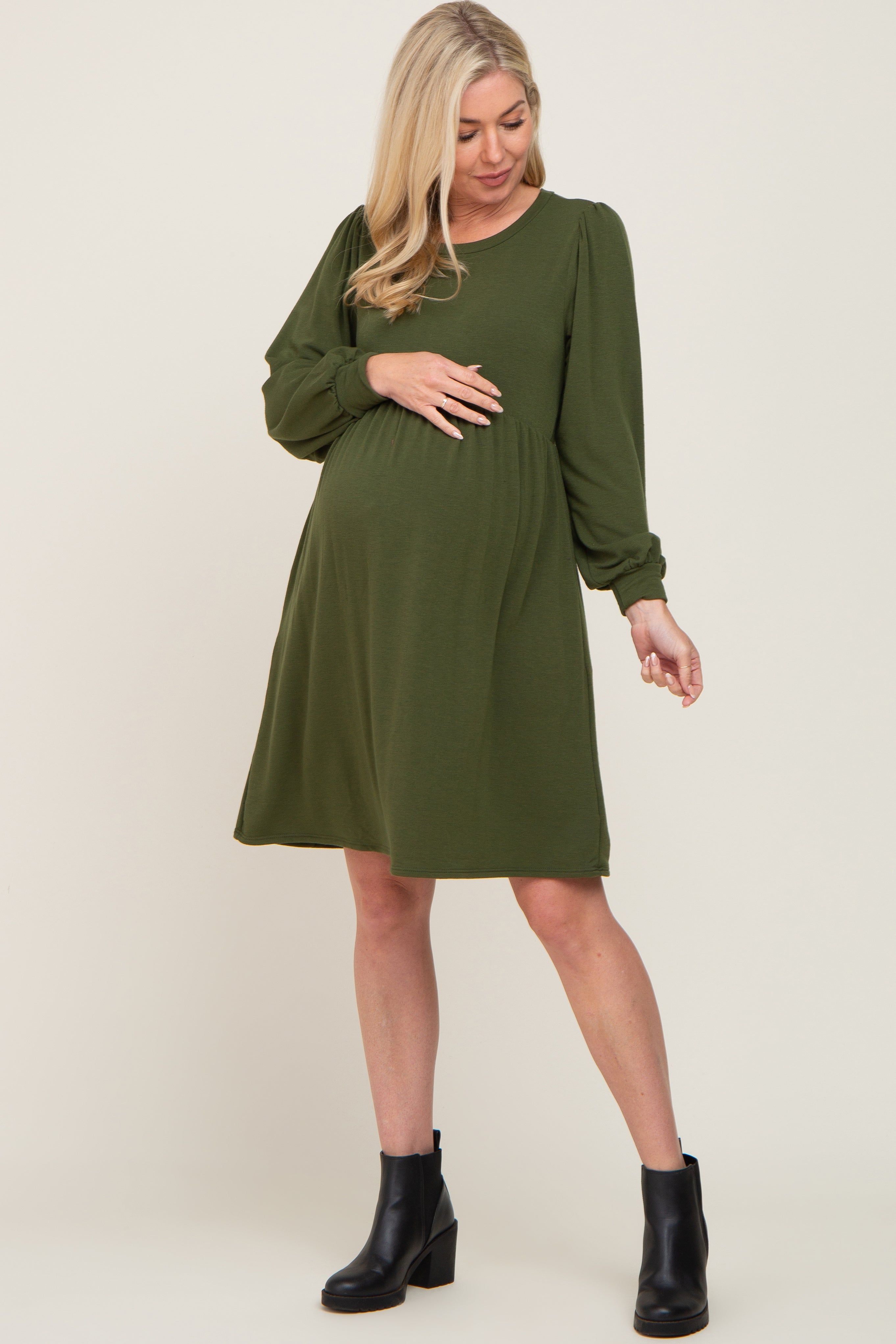 Olive Terry Knit Long Sleeve Maternity Dress sold by Pinkblush product image thumbnail 4