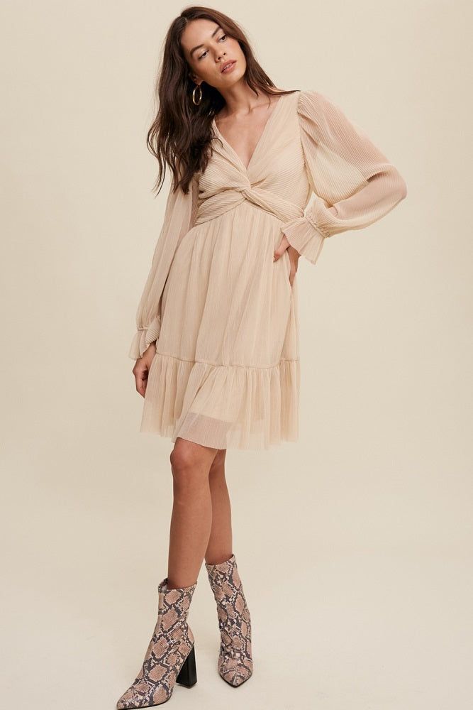 Beige Pleated Knotted Long Sleeve Dress sold by Pinkblush product image thumbnail 4