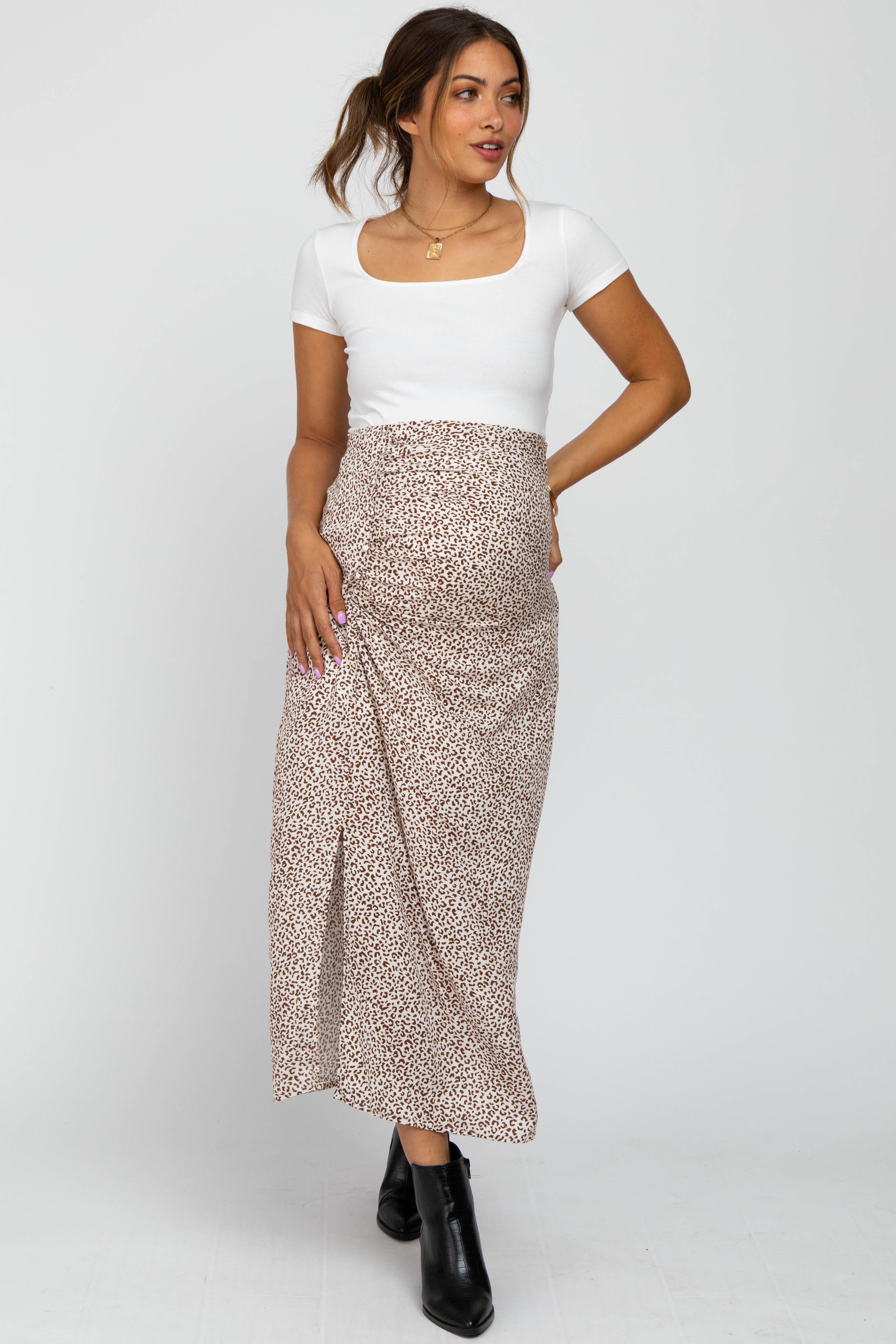 White Leopard Print Side Button Maternity Maxi Skirt sold by Pinkblush product image thumbnail 2