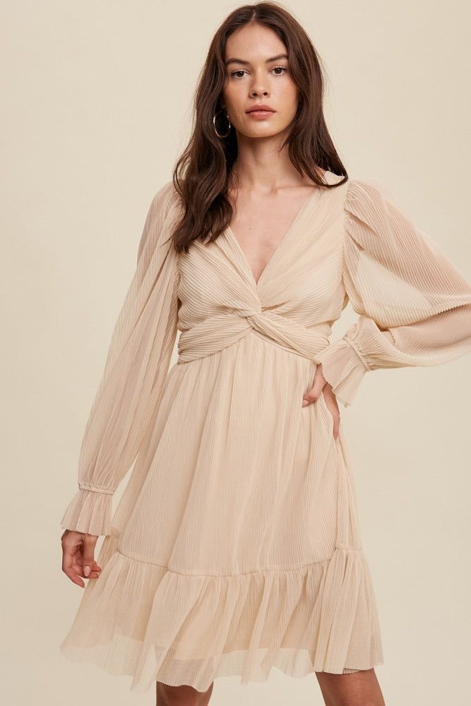 Beige Pleated Knotted Long Sleeve Dress sold by Pinkblush