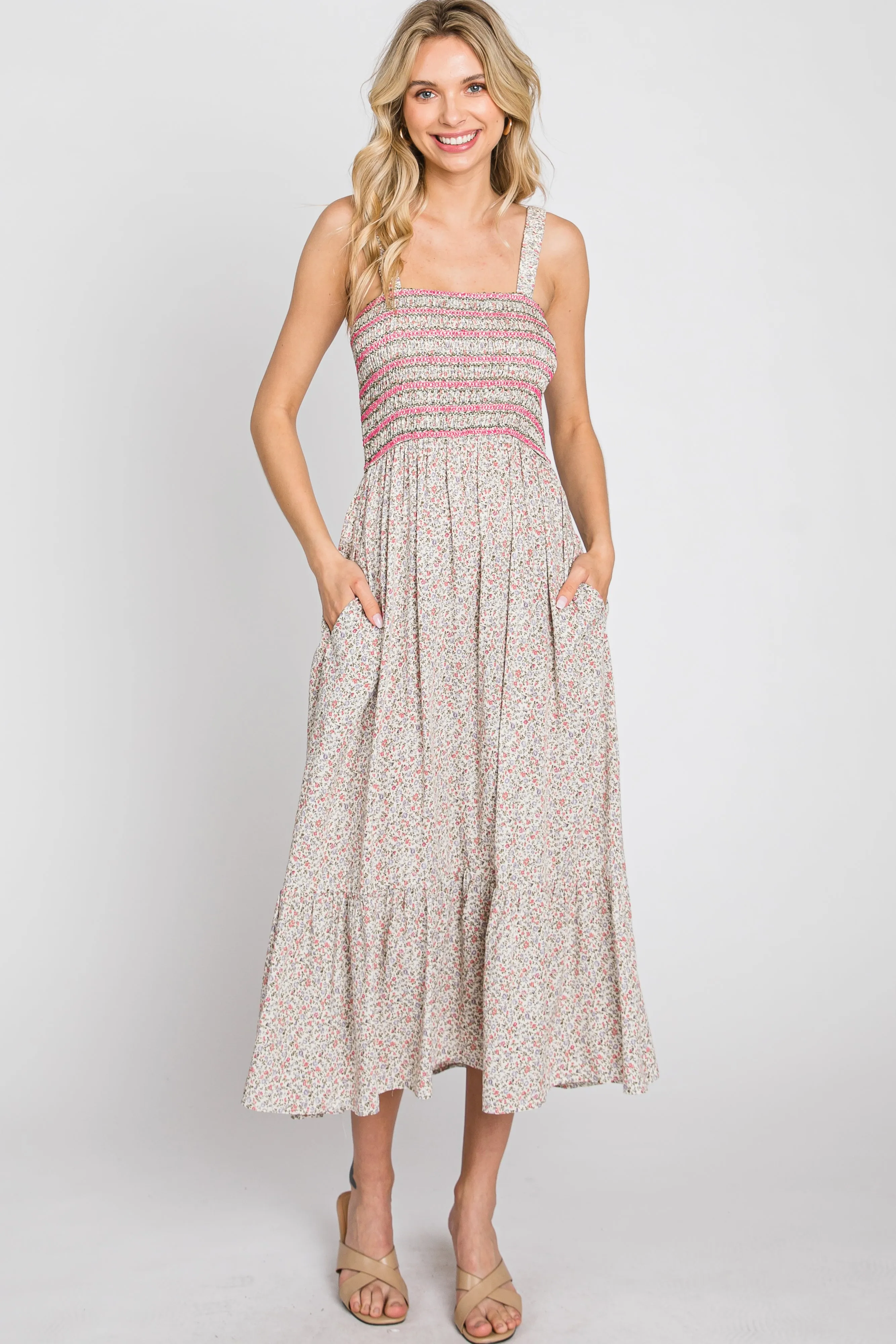 Pink Multi-Color Floral Smocked Sleeveless Midi Dress sold by Pinkblush product image thumbnail 2