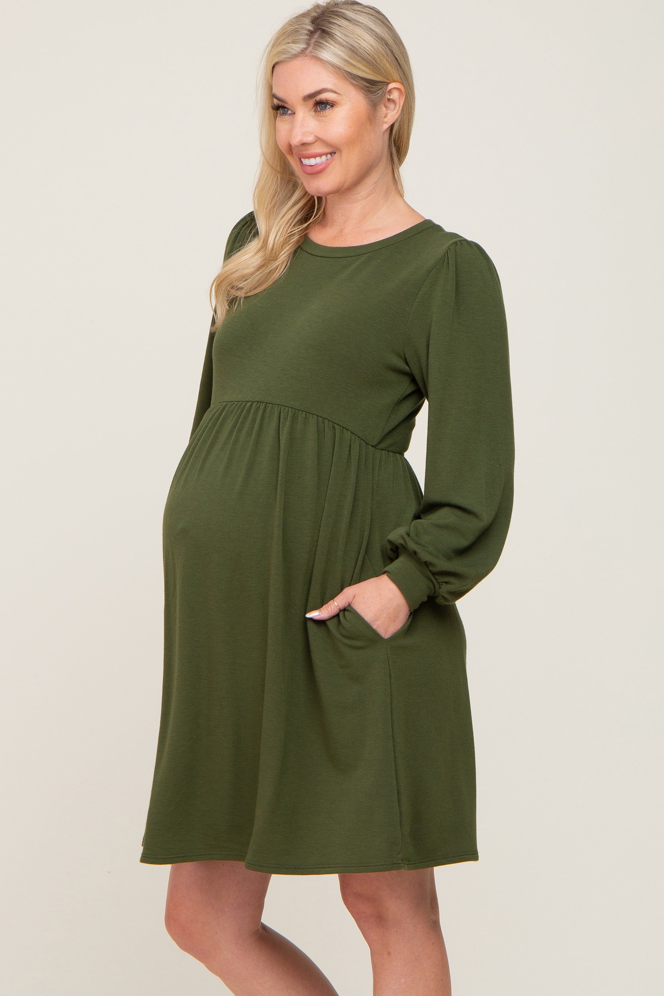 Olive Terry Knit Long Sleeve Maternity Dress sold by Pinkblush product image thumbnail 2