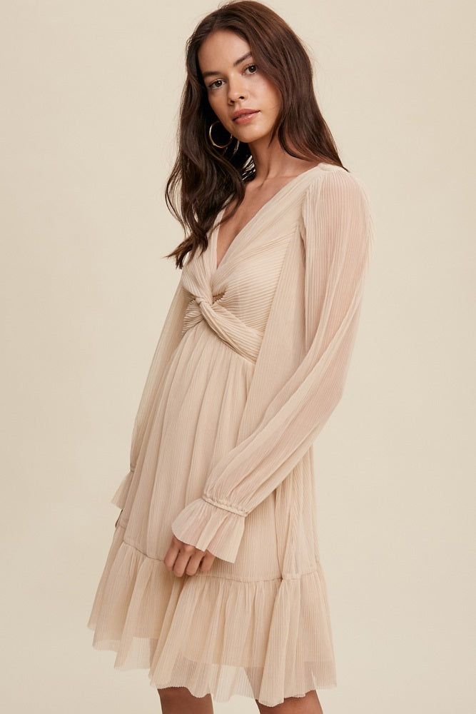 Beige Pleated Knotted Long Sleeve Dress sold by Pinkblush product image thumbnail 2