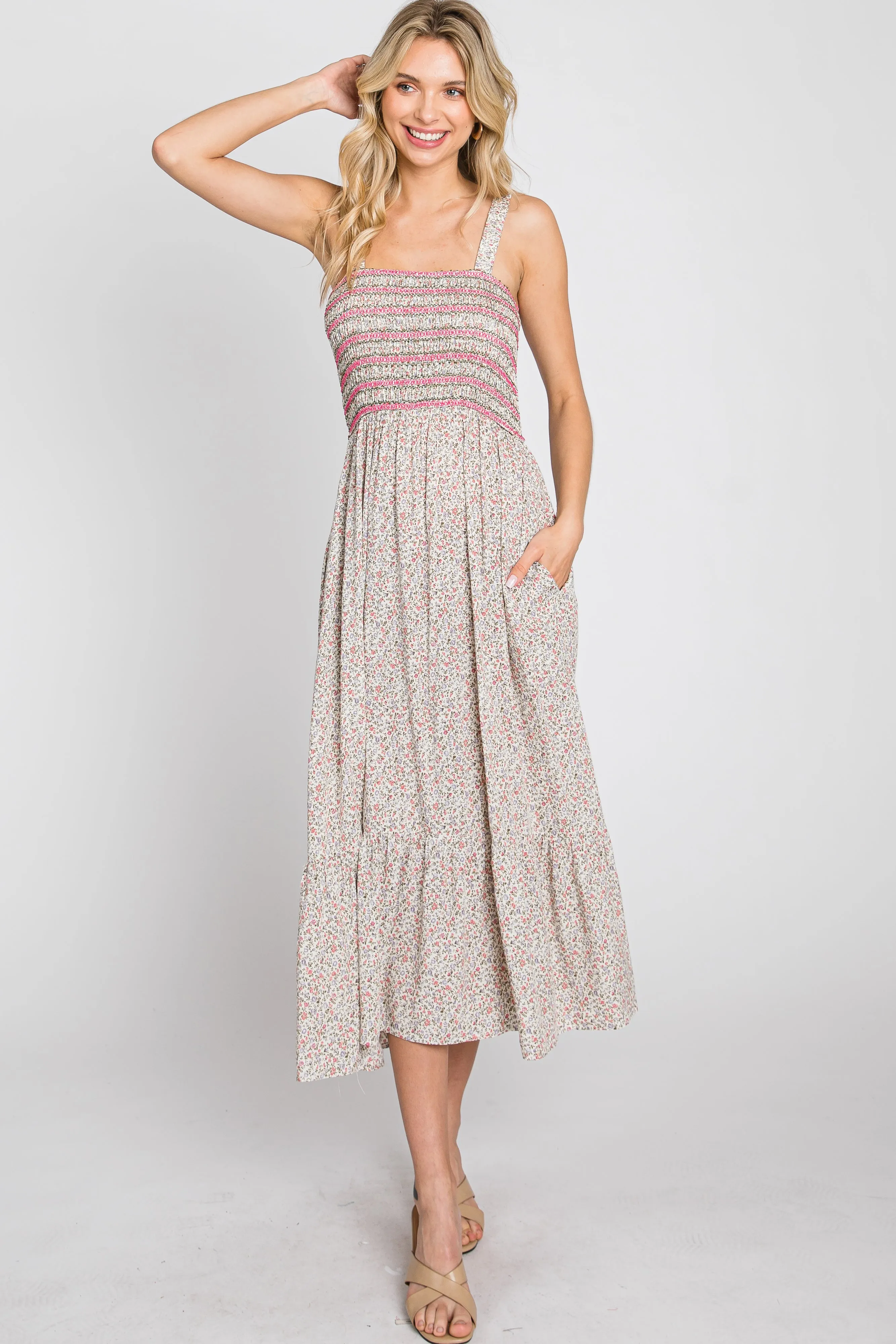Pink Multi-Color Floral Smocked Sleeveless Midi Dress sold by Pinkblush product image thumbnail 3