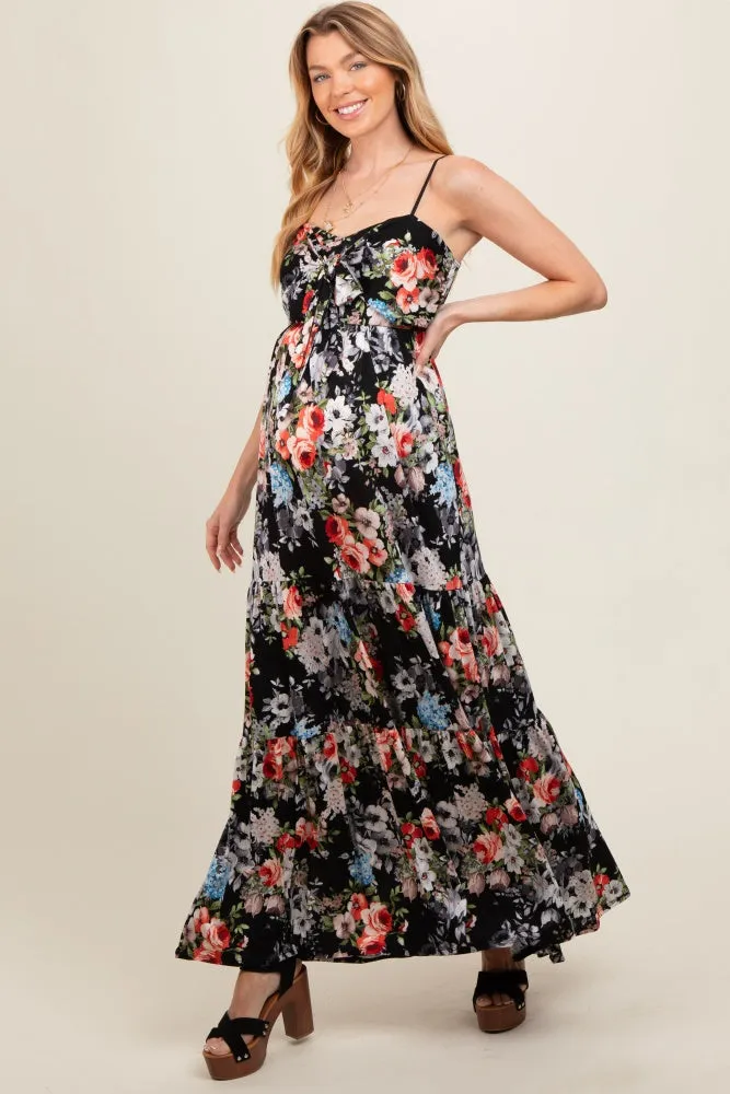 Black Floral Front Tie Maternity Maxi Dress sold by Pinkblush