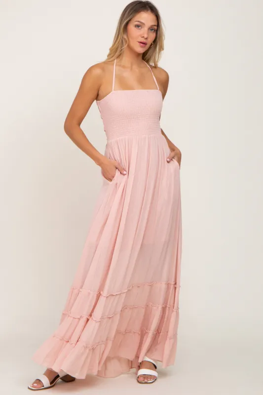 Light Pink Halter Smocked Maxi Dress sold by Pinkblush