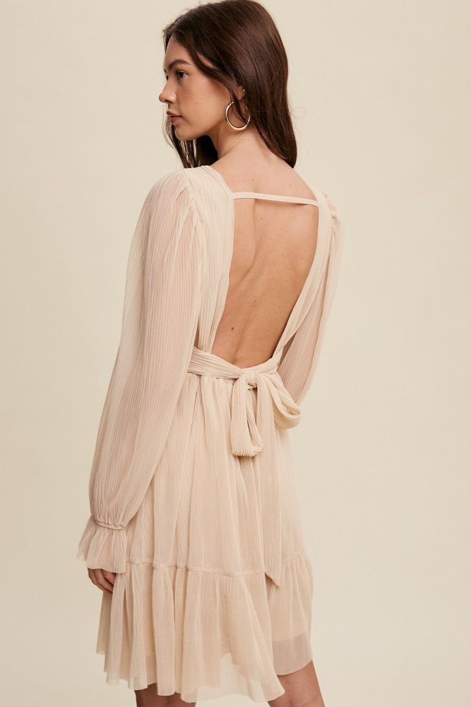 Beige Pleated Knotted Long Sleeve Dress sold by Pinkblush product image thumbnail 3
