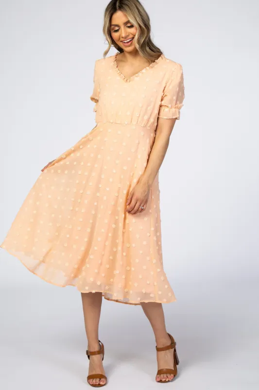 Peach Swiss Dot Ruffle Trim Dress sold by Pinkblush