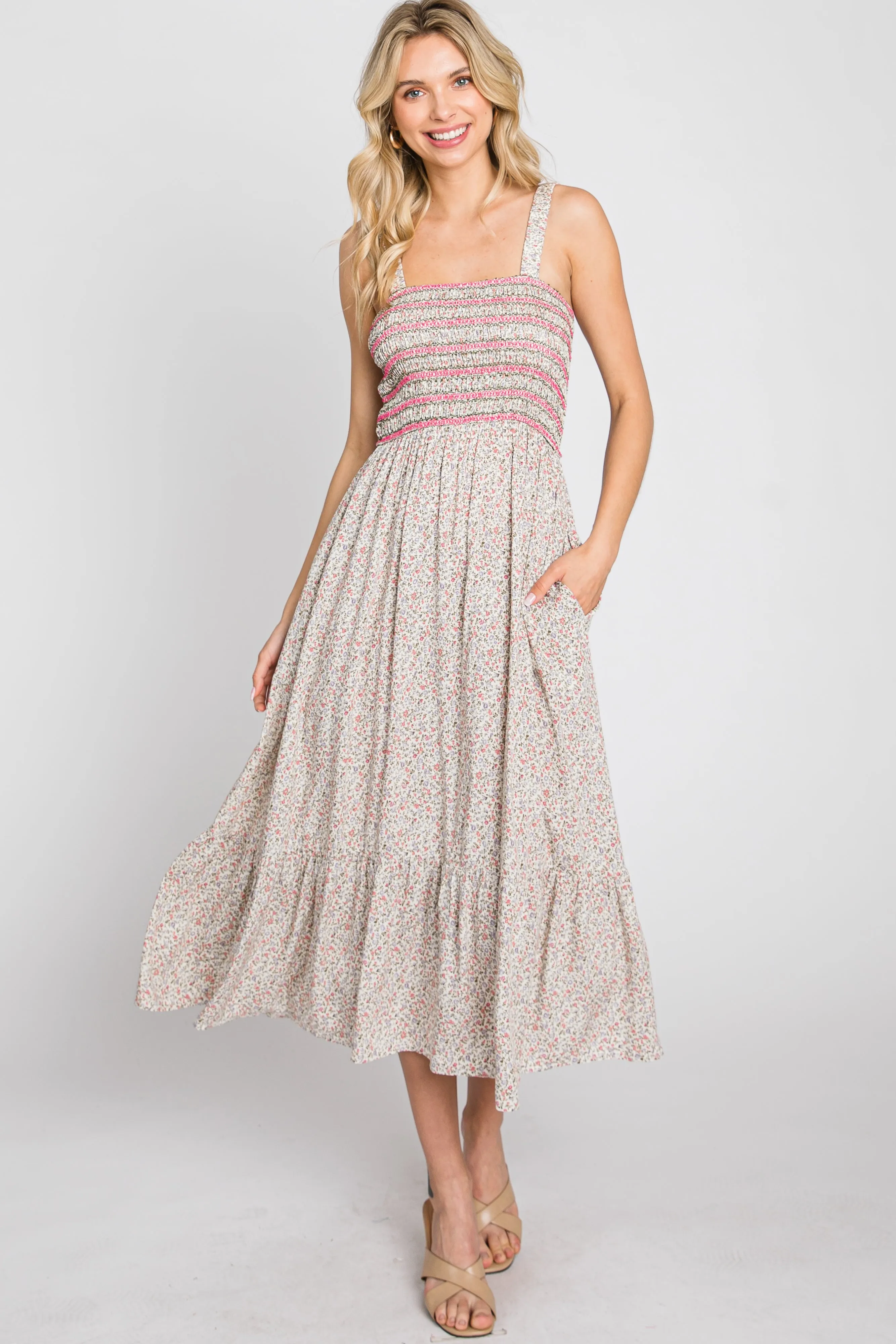 Pink Multi-Color Floral Smocked Sleeveless Midi Dress sold by Pinkblush product image thumbnail 4