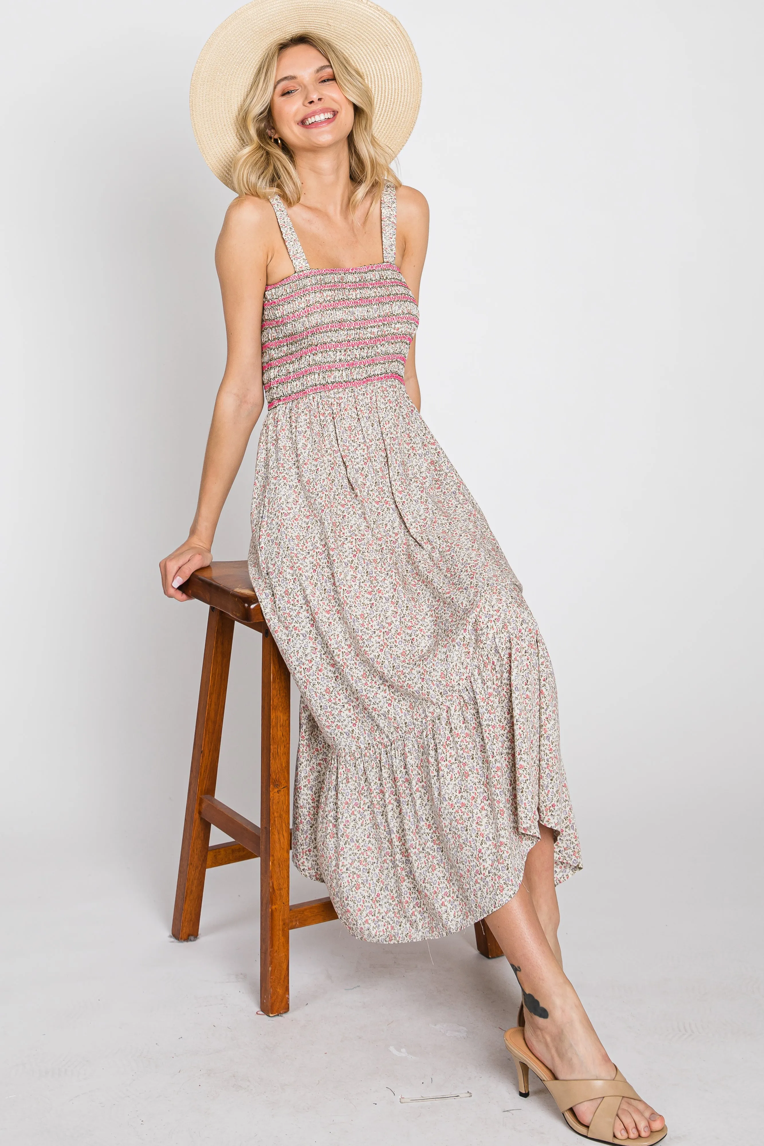 Pink Multi-Color Floral Smocked Sleeveless Midi Dress sold by Pinkblush