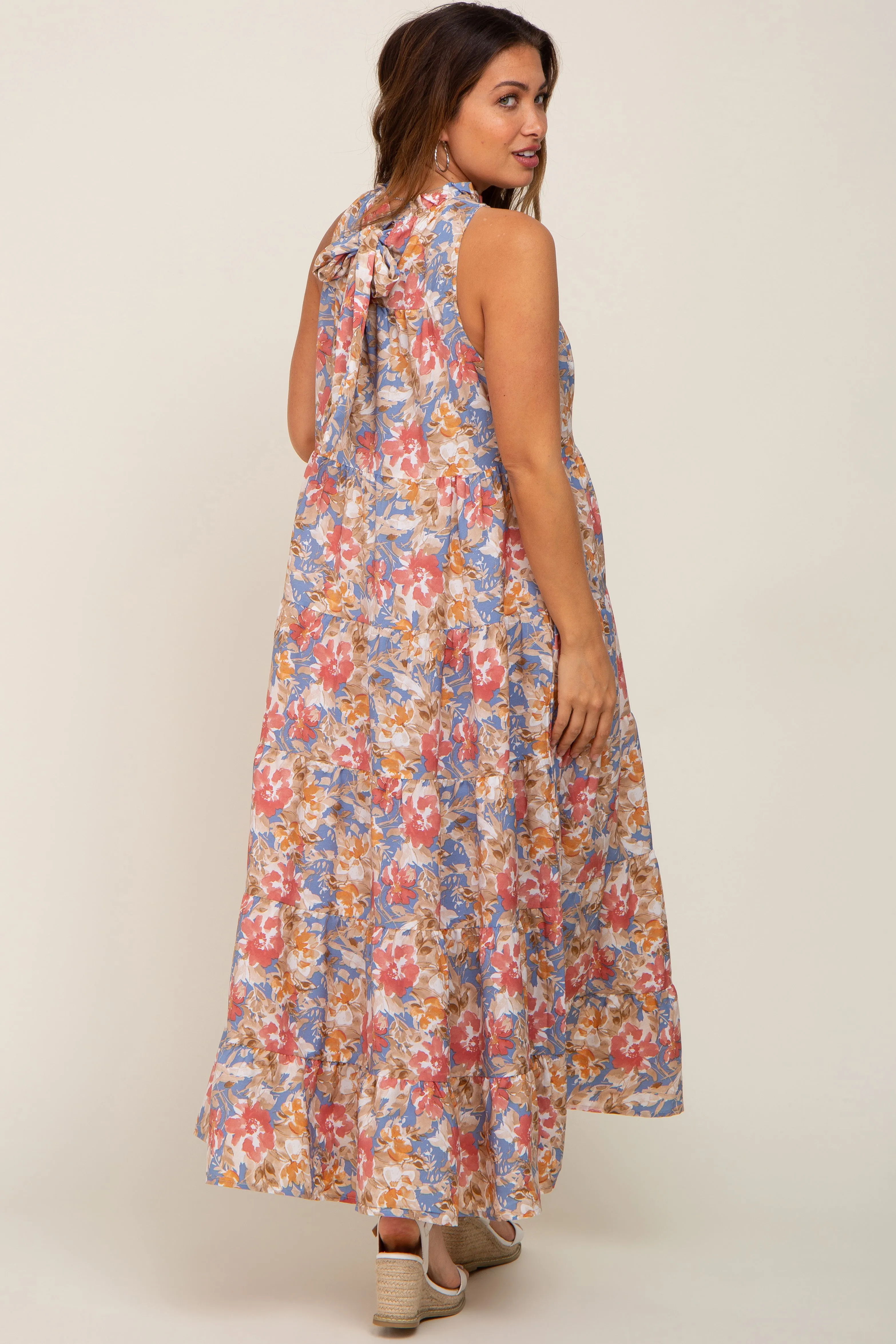 Blue Floral Ruffle Mock Neck Tiered Maternity Maxi Dress sold by Pinkblush product image thumbnail 3