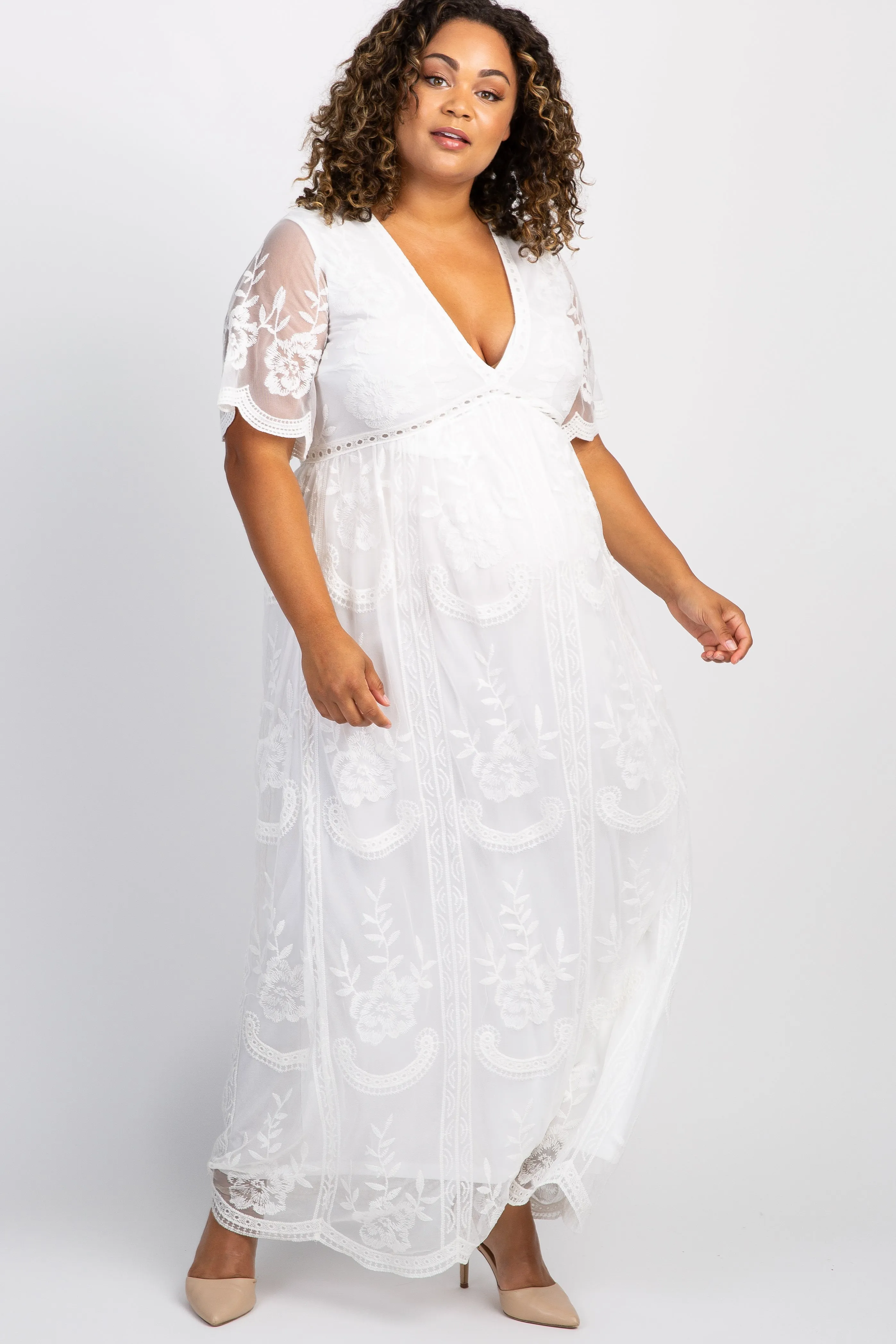 PinkBlush White Lace Mesh Overlay Plus Maternity Maxi Dress sold by Pinkblush