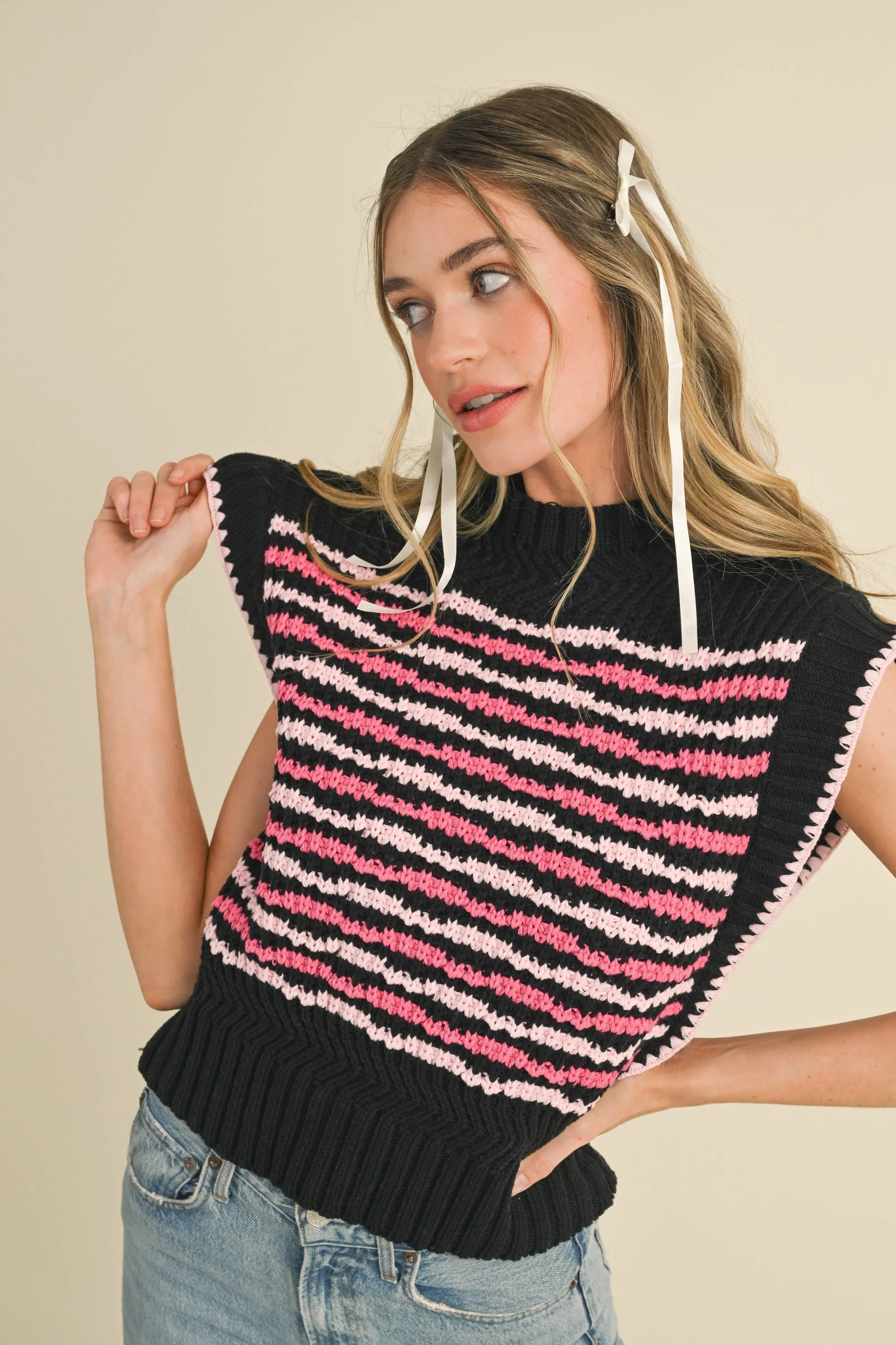 Black Pink Multi Contrast Stitch Mock Neck Sweater Vest sold by Pinkblush