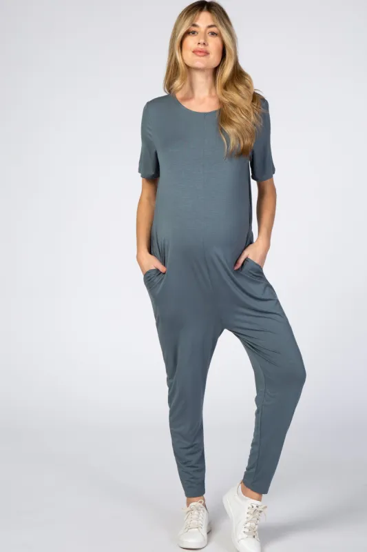 Dark Teal Basic Short Sleeve Maternity Jumpsuit sold by Pinkblush