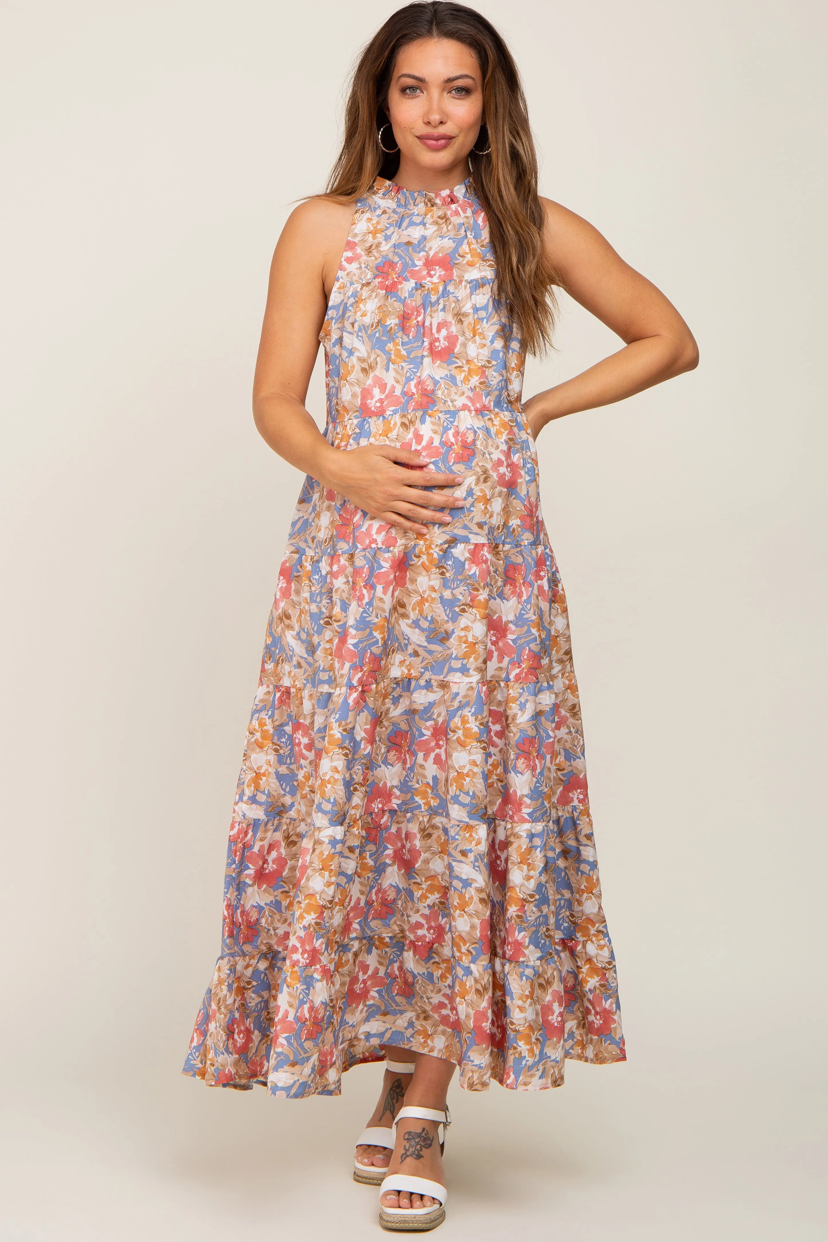 Blue Floral Ruffle Mock Neck Tiered Maternity Maxi Dress sold by Pinkblush product image thumbnail 4