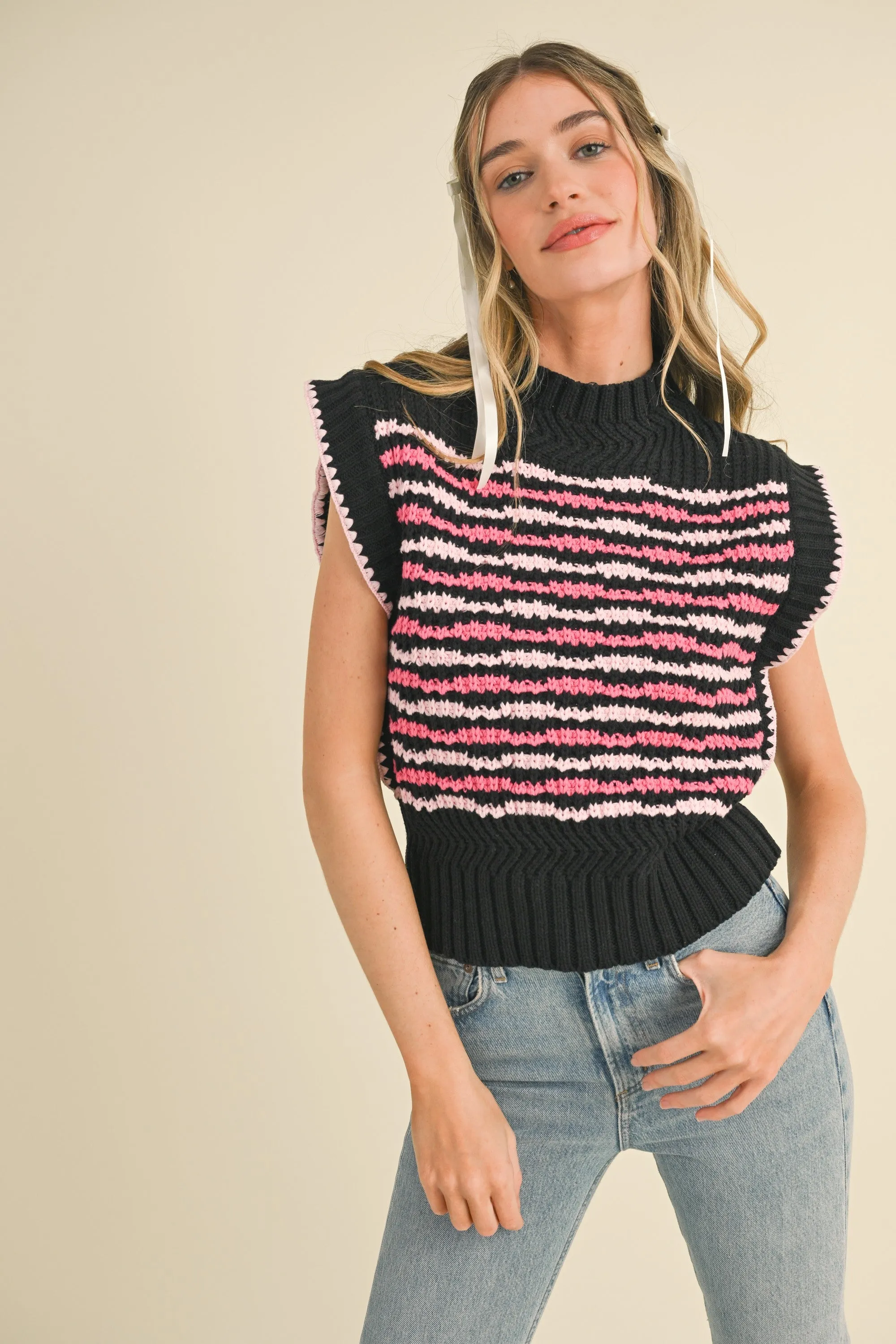 Black Pink Multi Contrast Stitch Mock Neck Sweater Vest sold by Pinkblush product image thumbnail 5