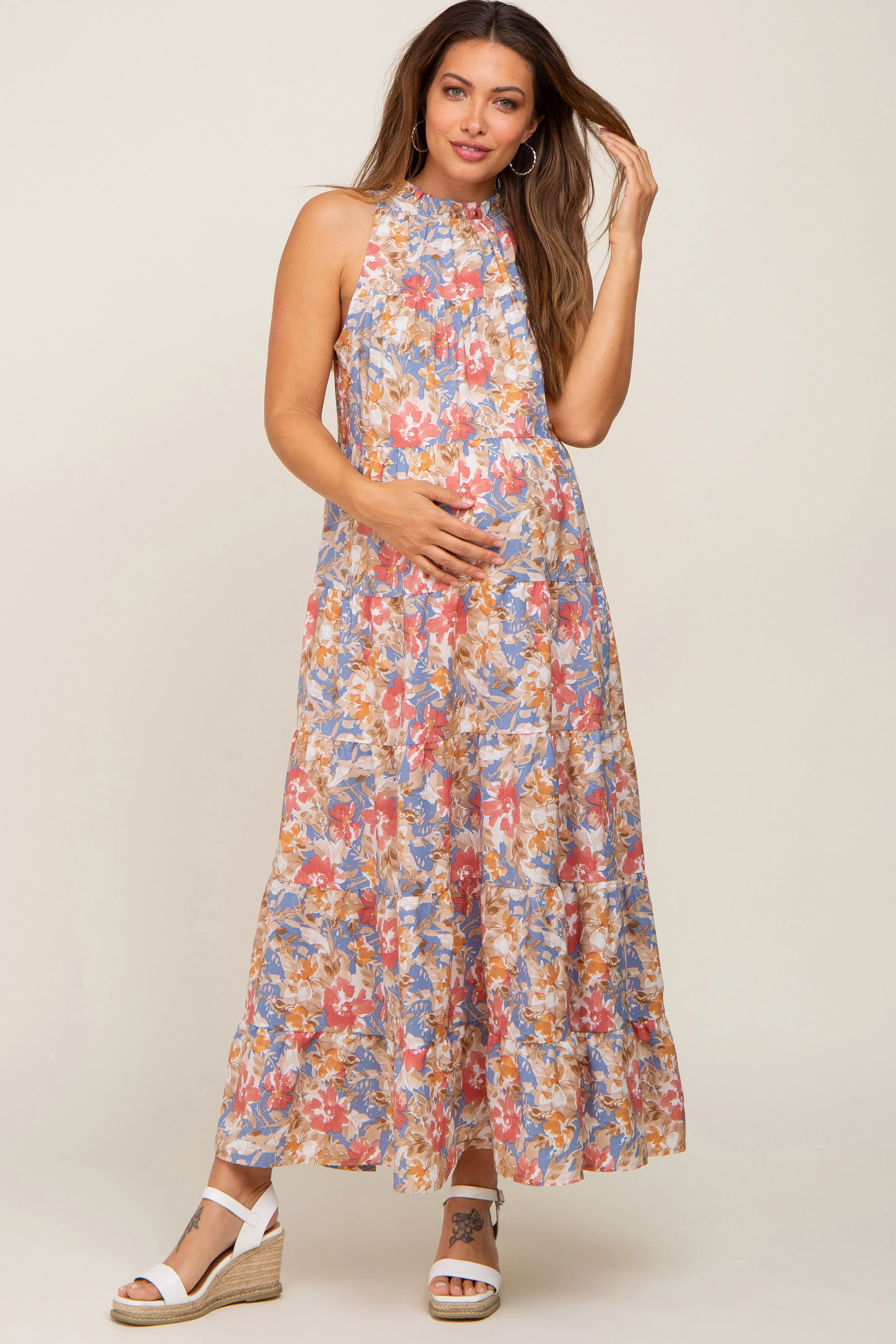Blue Floral Ruffle Mock Neck Tiered Maternity Maxi Dress sold by Pinkblush