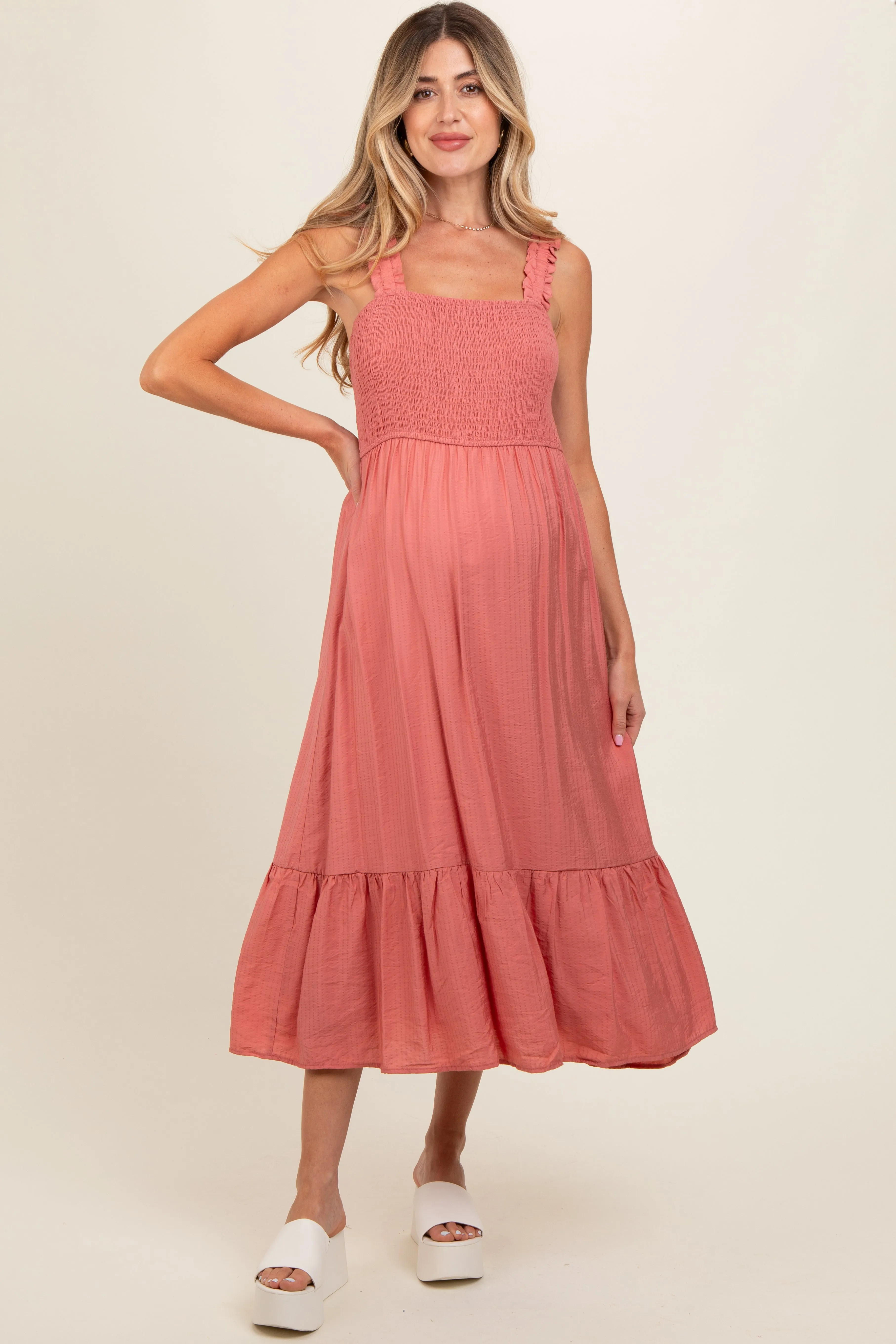 Rust Smocked Bodice Maternity Maxi Dress sold by Pinkblush product image thumbnail 2