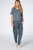 Dark Teal Basic Short Sleeve Maternity Jumpsuit sold by Pinkblush