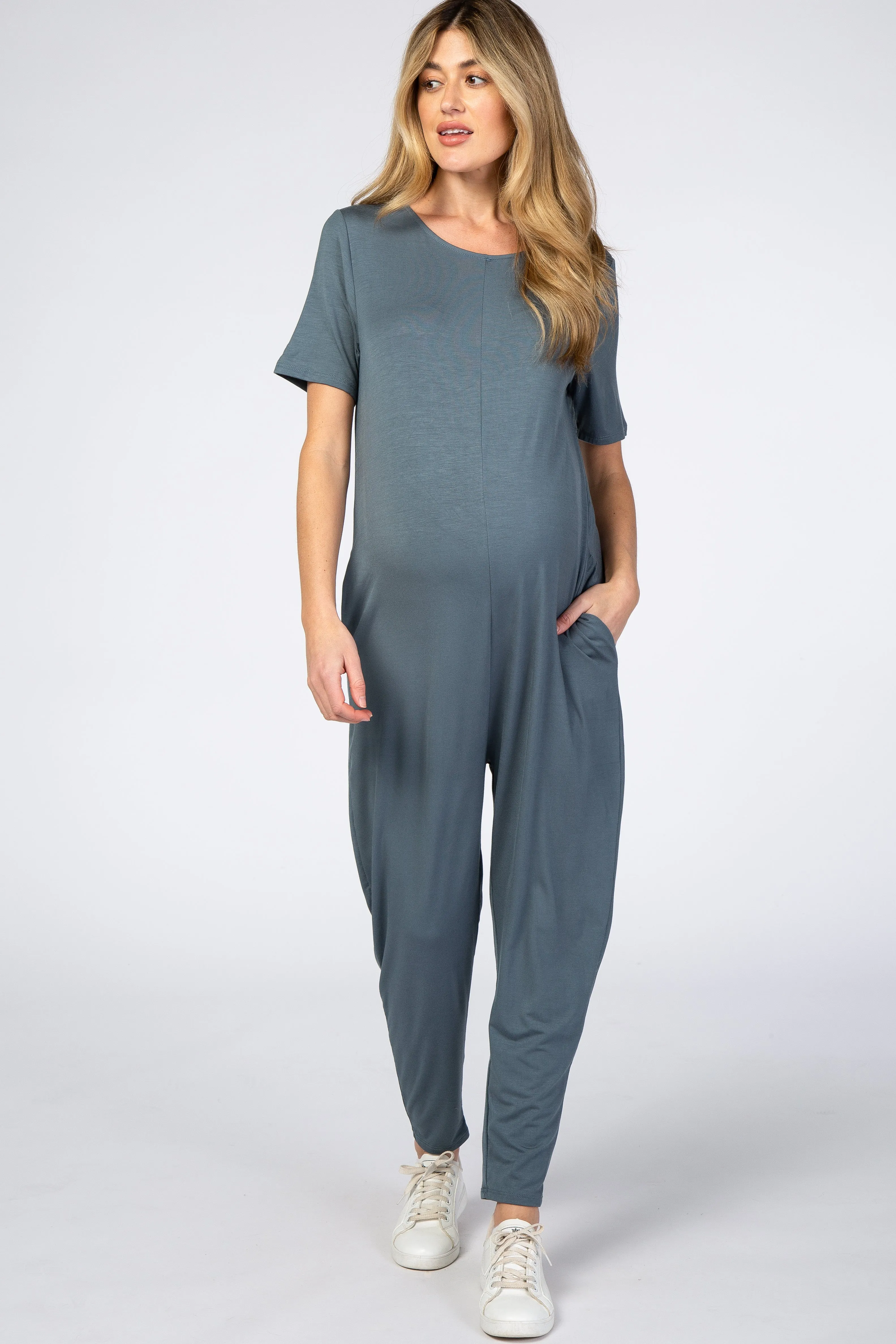 Dark Teal Basic Short Sleeve Maternity Jumpsuit sold by Pinkblush product image thumbnail 2