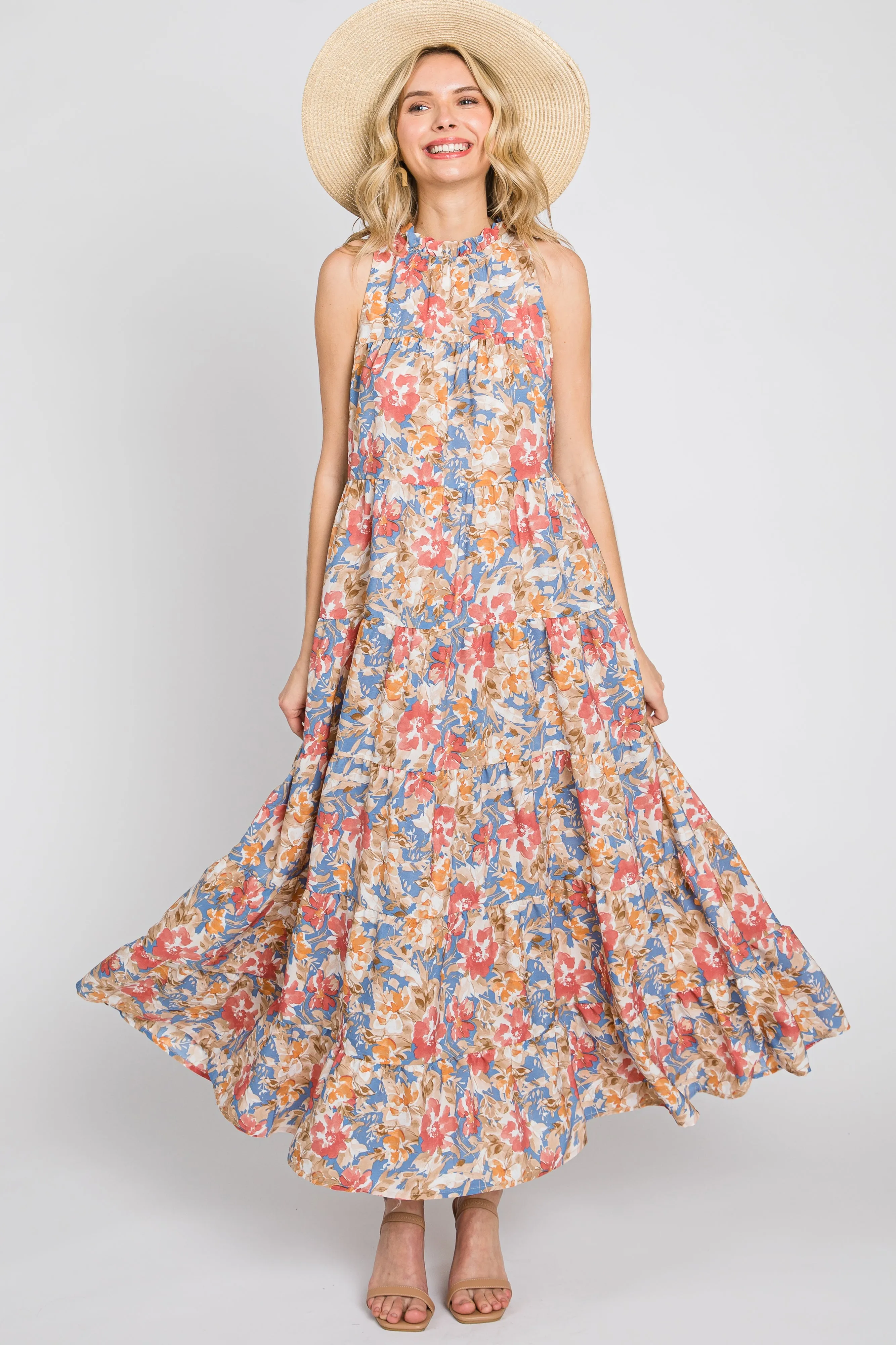 Blue Floral Ruffle Mock Neck Tiered Maternity Maxi Dress sold by Pinkblush product image thumbnail 5