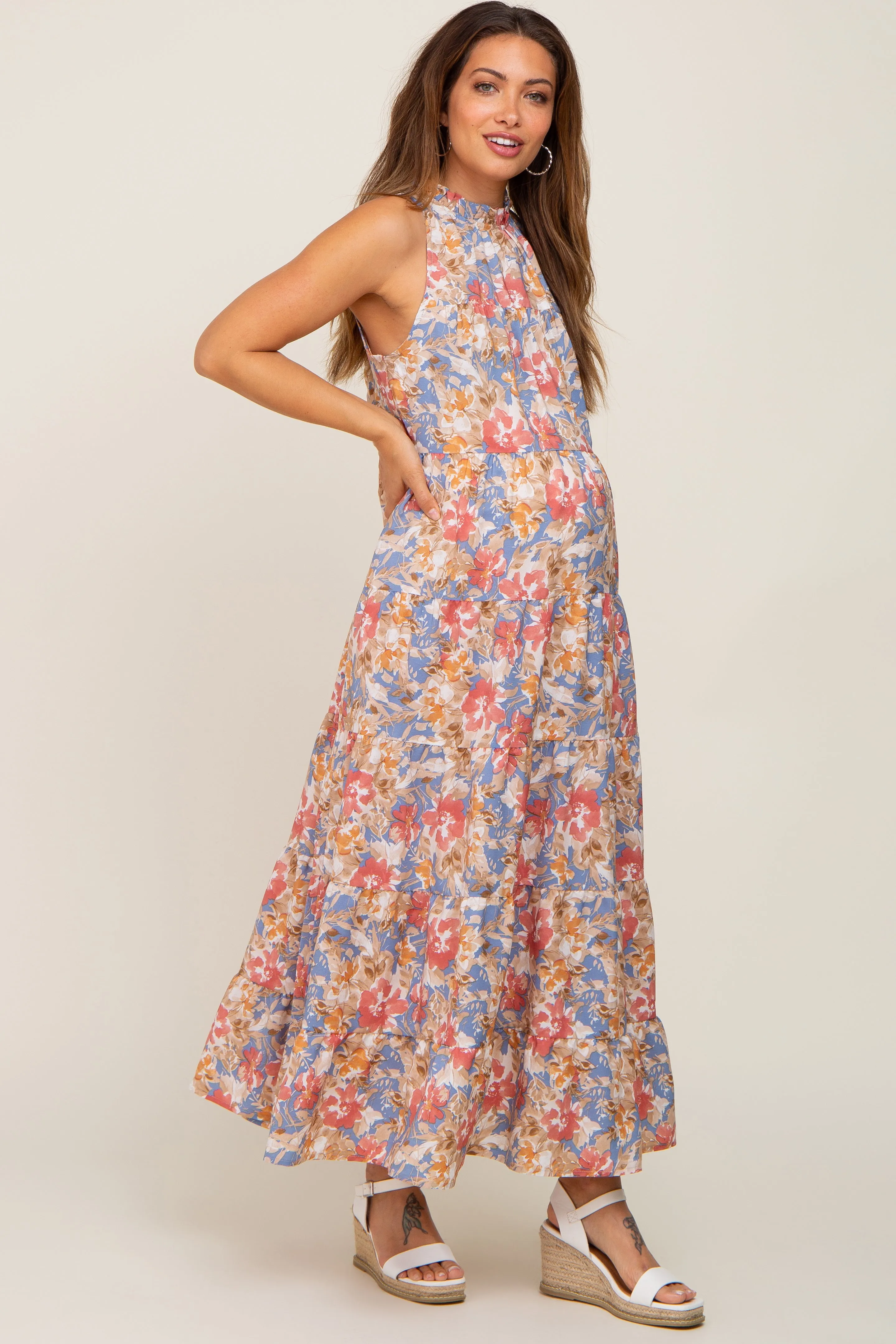 Blue Floral Ruffle Mock Neck Tiered Maternity Maxi Dress sold by Pinkblush product image thumbnail 2