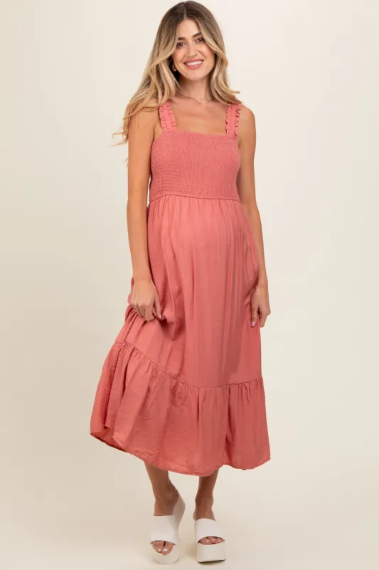 Rust Smocked Bodice Maternity Maxi Dress sold by Pinkblush