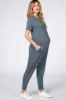 Dark Teal Basic Short Sleeve Maternity Jumpsuit sold by Pinkblush