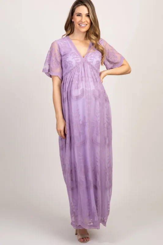 PinkBlush Lavender Lace Mesh Overlay Maternity Maxi Dress sold by Pinkblush