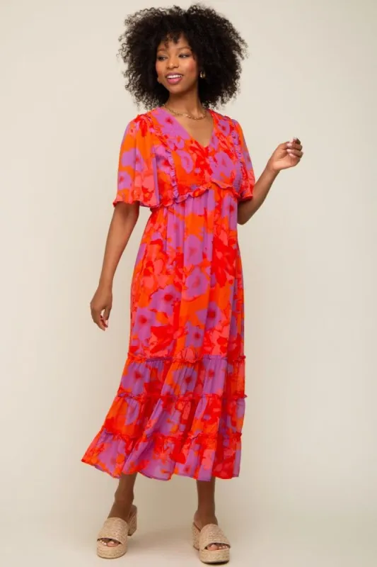 Red Orange Floral Ruffle Tier Accent Midi Dress sold by Pinkblush