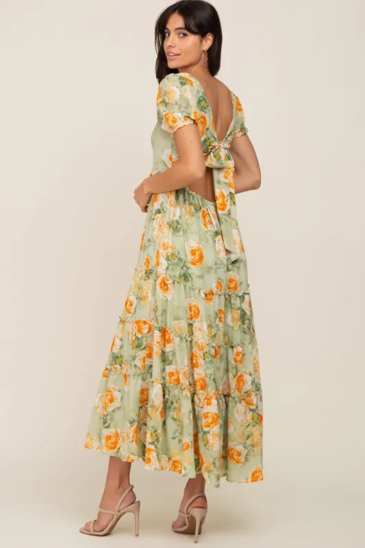 Light Olive Floral Tiered Cutout Back Maxi Dress sold by Pinkblush