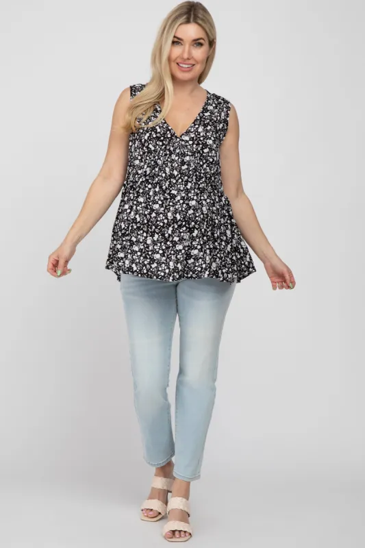 Black Floral Sleeveless Peplum Maternity Top sold by Pinkblush