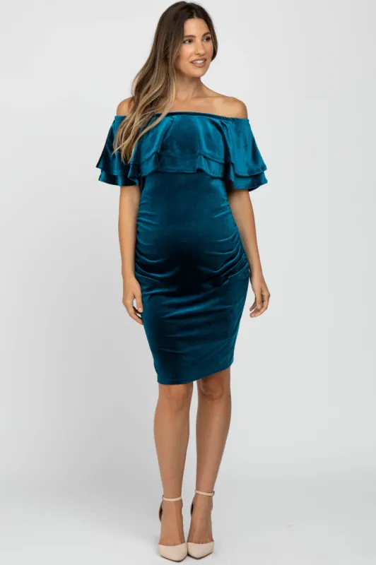 Teal Velvet Off Shoulder Fitted Maternity Dress sold by Pinkblush