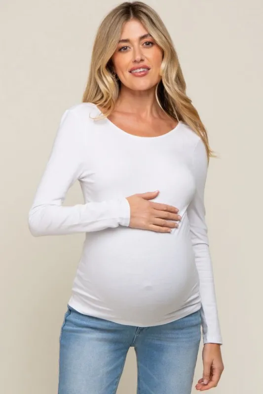 White Long Sleeve Scoop Back Maternity Top sold by Pinkblush