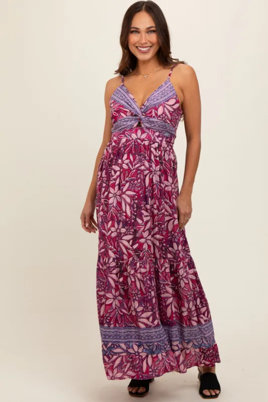 Purple Floral Strapless Front Tie Knot Maternity Maxi Dress sold by Pinkblush