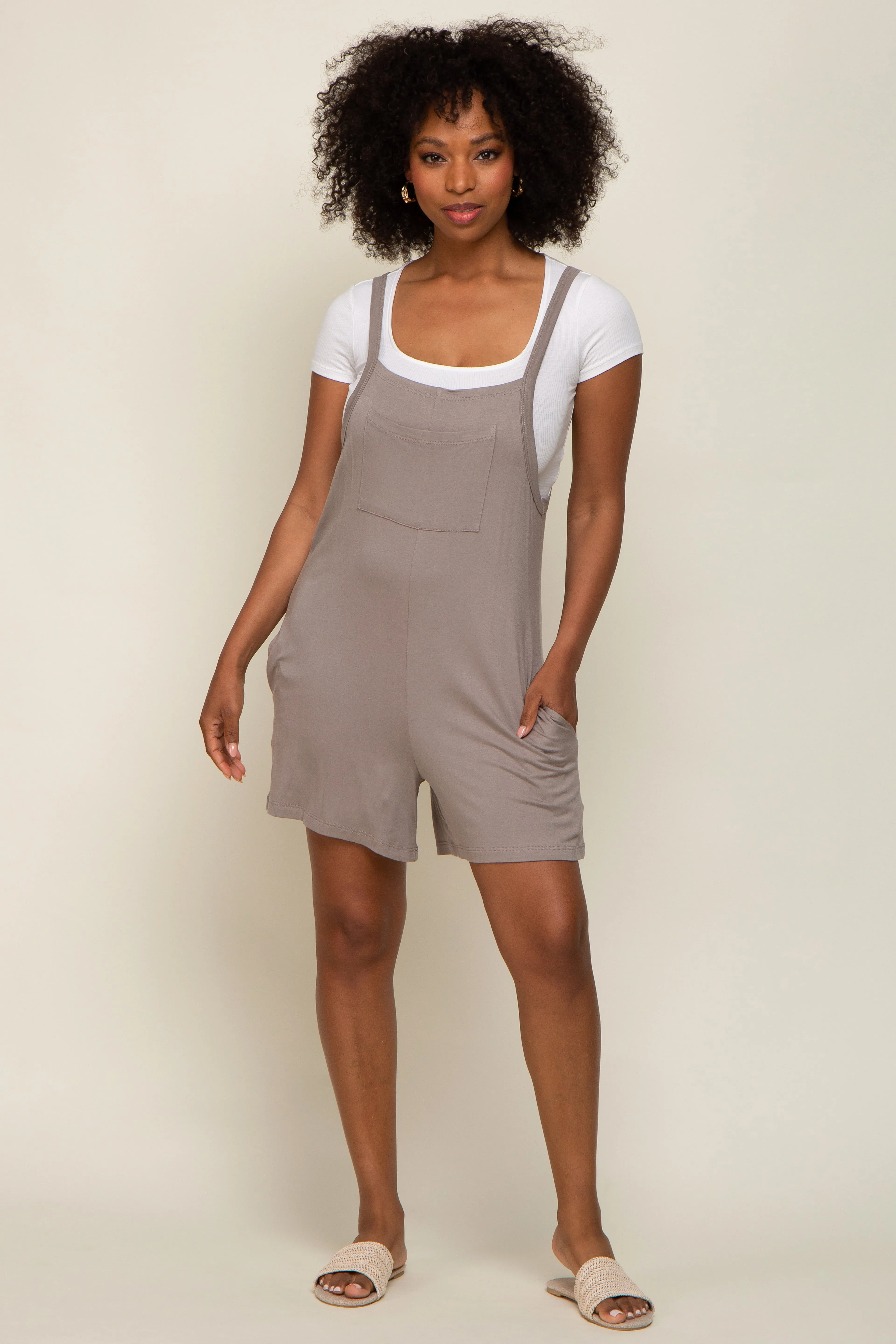 Taupe Front Pocket Overall Knit Romper sold by Pinkblush product image thumbnail 4