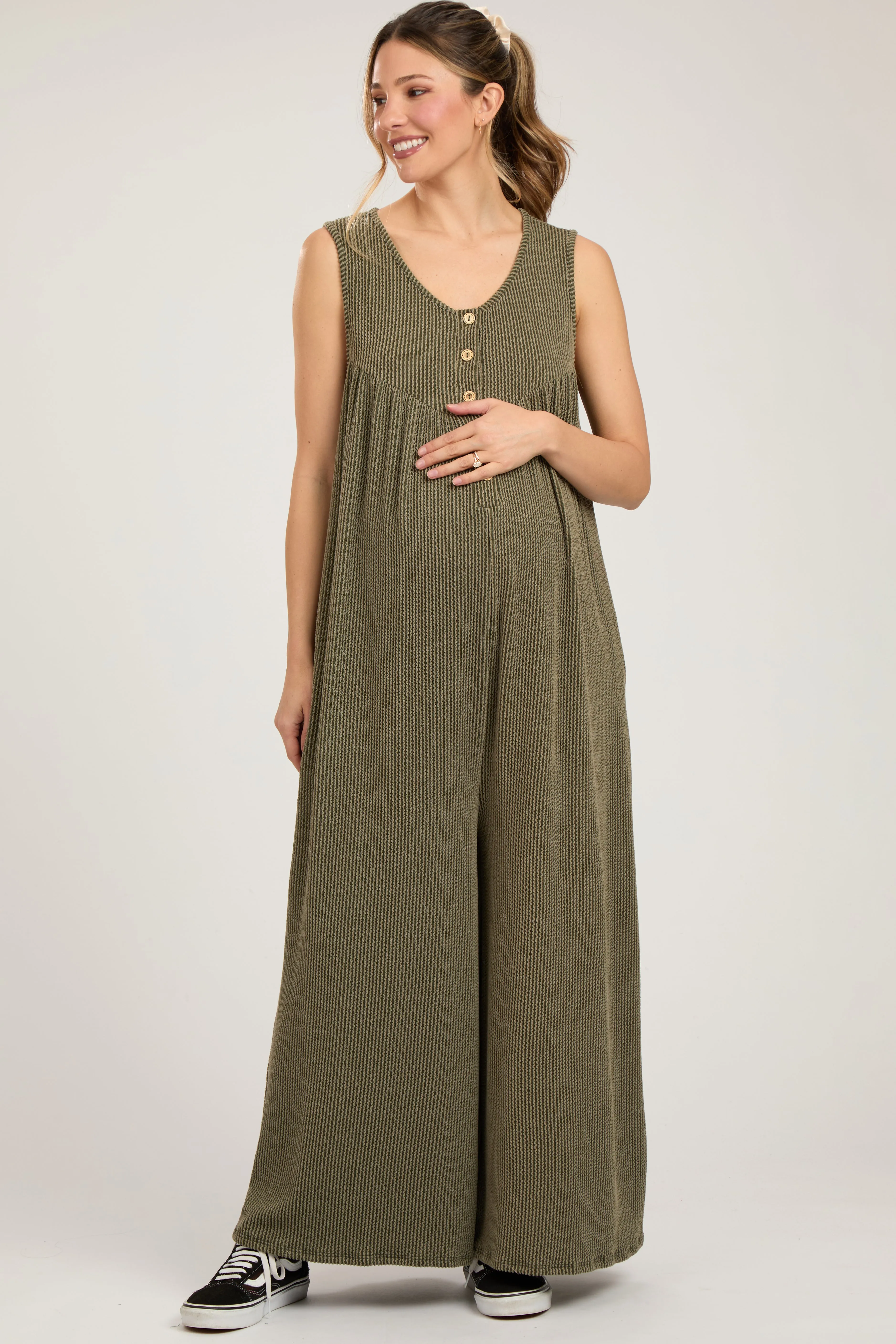 Olive Ribbed Sleeveless Button Front Maternity Jumpsuit sold by Pinkblush