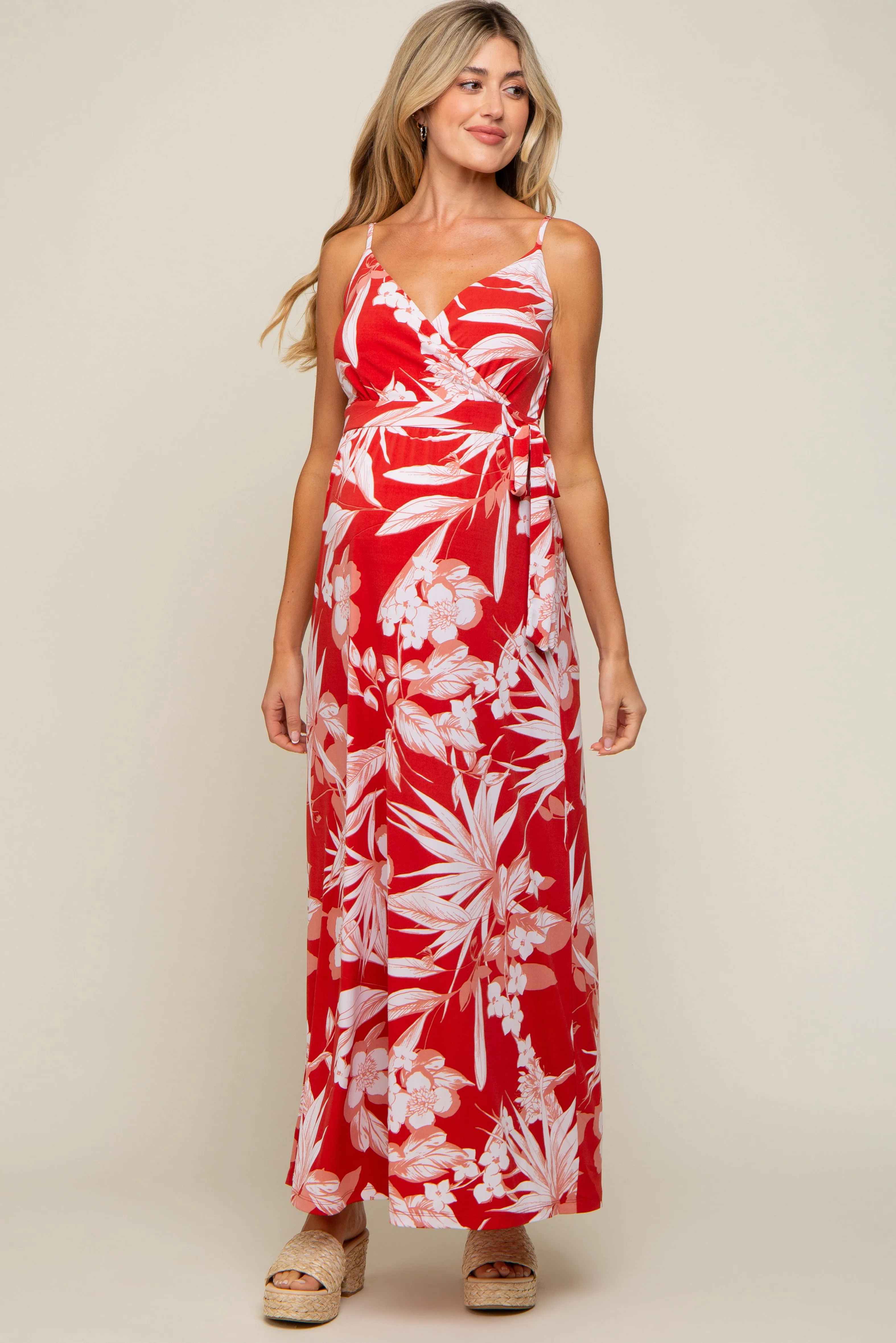Red Floral Palm Print Wrap Maternity Maxi Dress sold by Pinkblush product image thumbnail 4